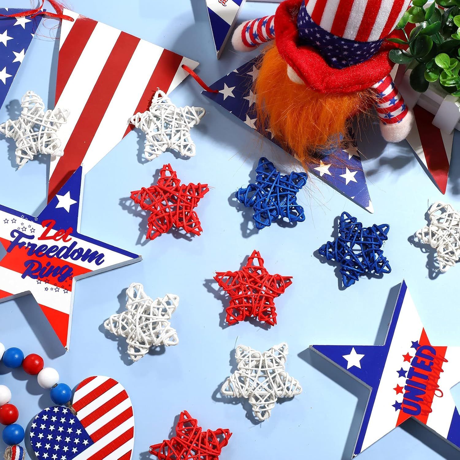 24 Pcs 4th o July Natural Rattan Stars Decoration 250th Anniversary Memorial Day Patriotic Red White Blue Wicker Rattan Stars or Vase Bowl iller Home DIY Crat Ornament Hanging Table Decor