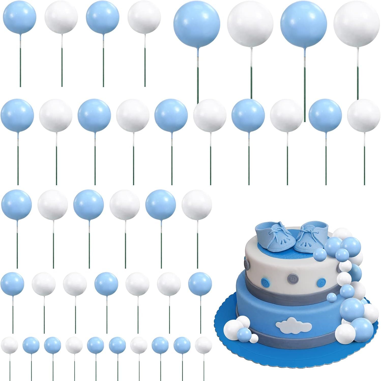 66 Pcs Ball Cake Topper Decorations Mini Balloon Sticks DIY Cake Picks Insert oam Balls or Graduation Wedding Party Birthday Decorating Supplies Blue, White