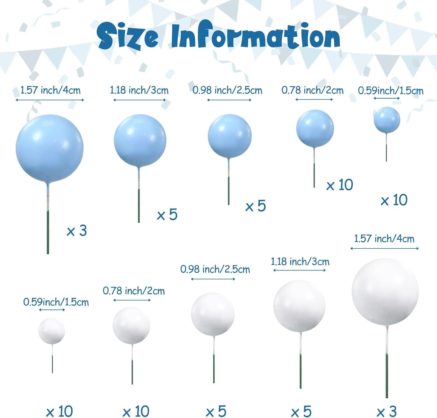 66 Pcs Ball Cake Topper Decorations Mini Balloon Sticks DIY Cake Picks Insert oam Balls or Graduation Wedding Party Birthday Decorating Supplies Blue, White