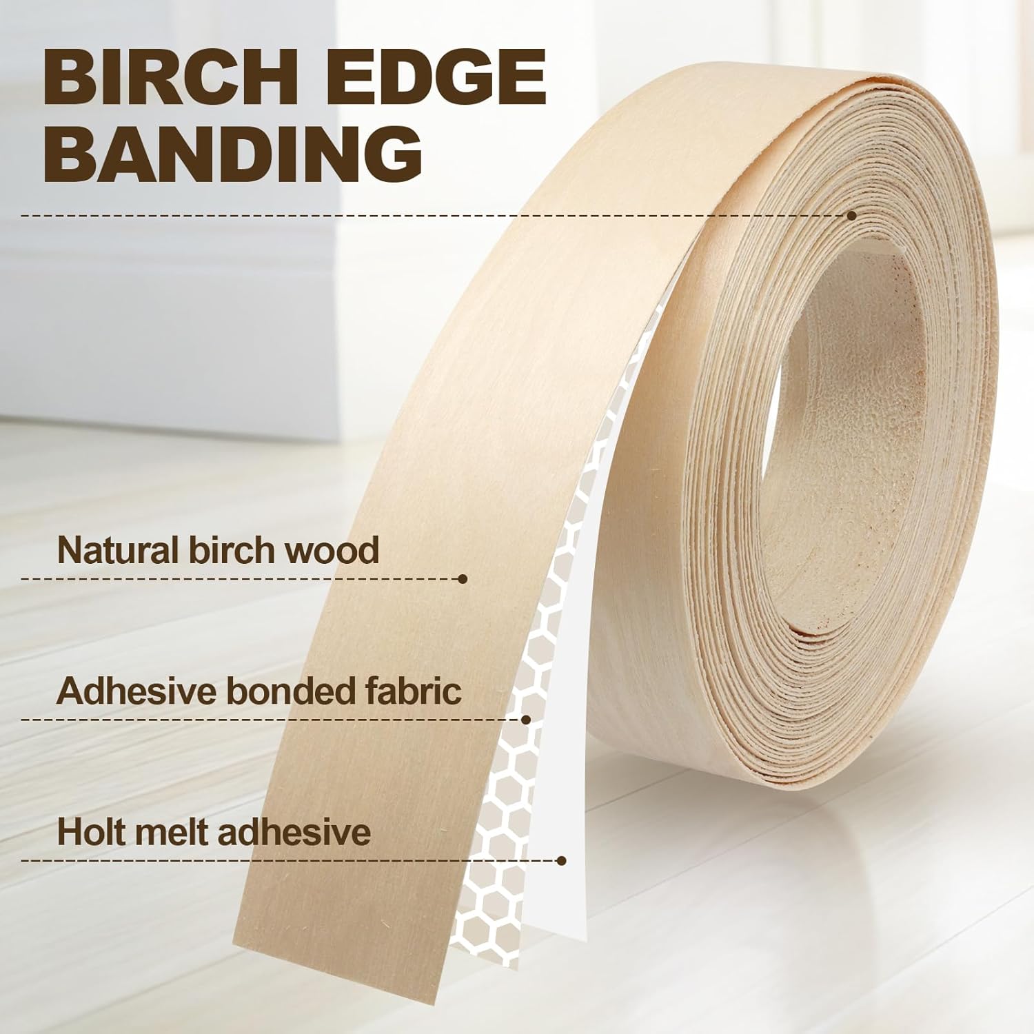 Biaungdo Birch Edge Banding 7/8 Inch x 50ft, Wood Veneer Roll Tape Banding Pre-Glued, Iron-on Veneer Edging Band Strips for Cabinet, Furniture Restoration