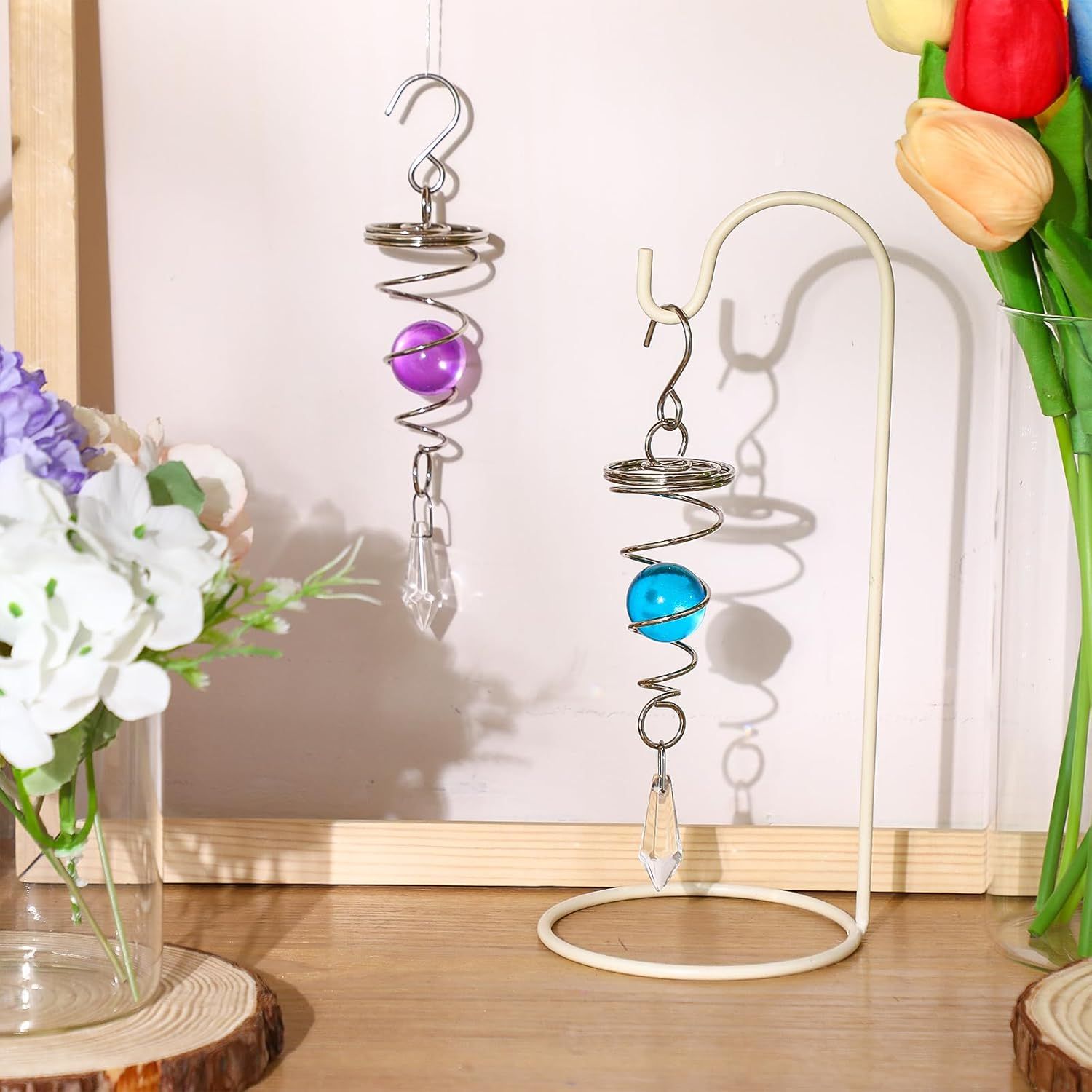 2 Pieces Gazing Ball Spiral Tail Decorative Wind Spinner Stabilizer Stainless Steel Indoor Outdoor Hanging Wind Ball Spinner with Hanging Swivel Hook or Garden Decoration Purple, Dark Blue