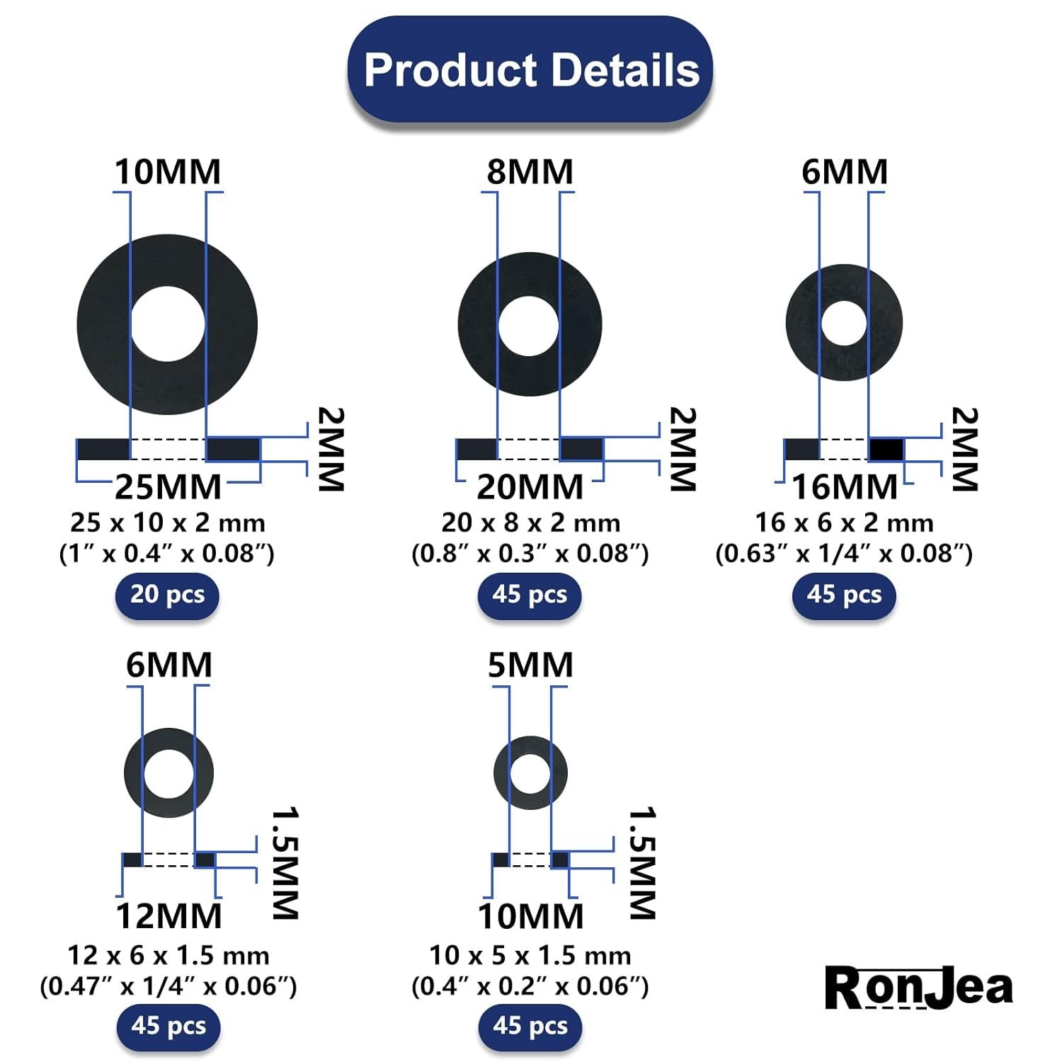 200 Pcs lat Rubber Washers Assortment Kit: Black Rubber lat Washer or Bolts/aucets/Screws/Garden Hose/Plumbing, 5 Sizes