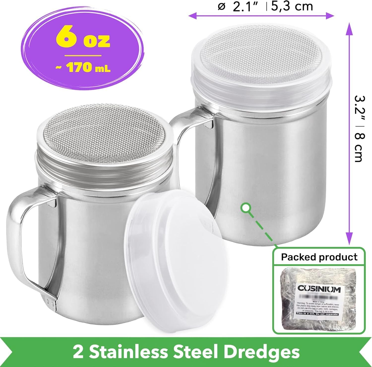 Powdered Sugar Shaker Duster - With Handle - Cinnamon Shaker or Coee Bar - ine Mesh Dredge - 6 ounce, pack o 2 | Style: ine