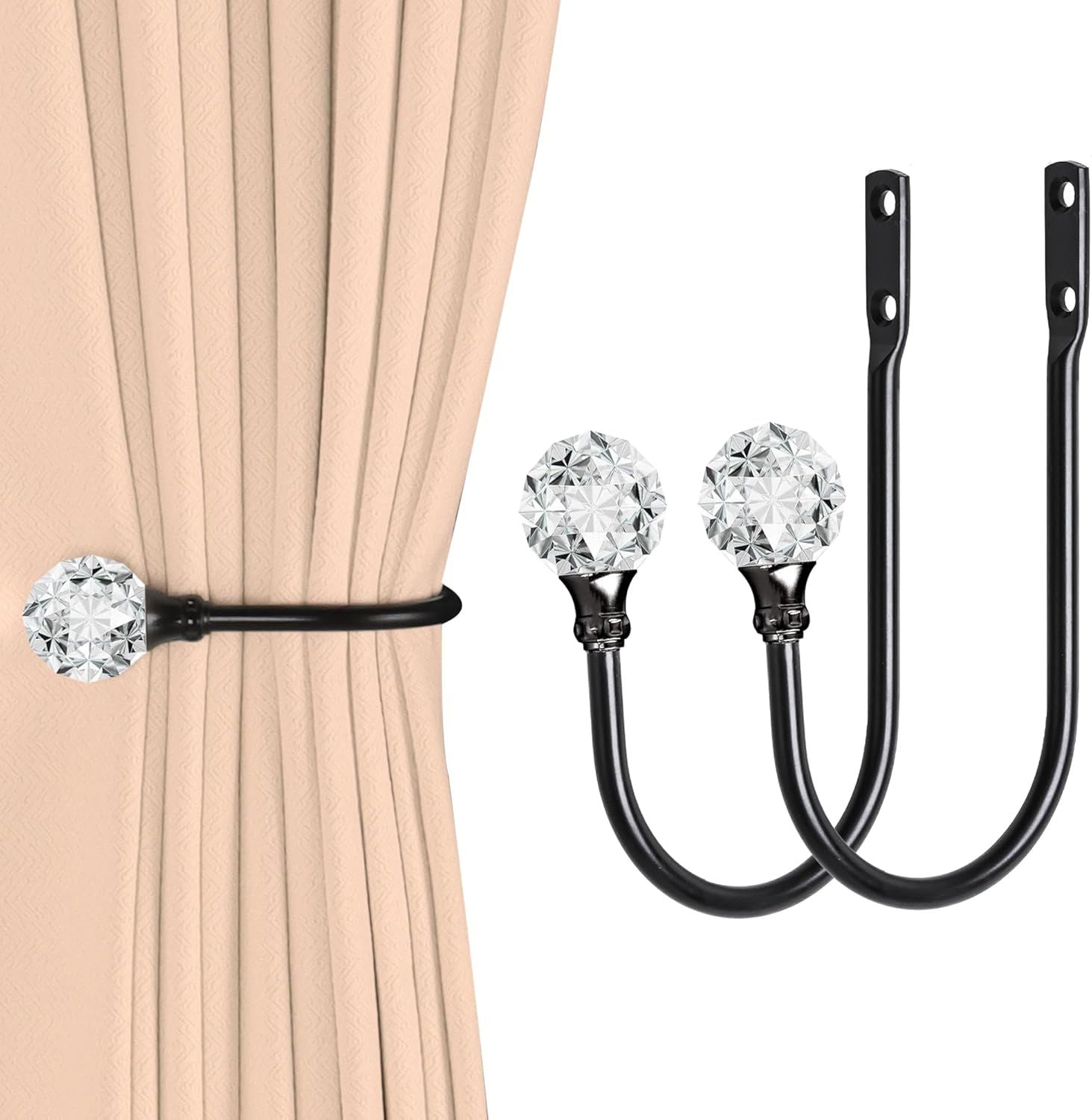 2 x Heavy Duty U Shaped Metal Curtain Holdbacks Curtain Tiebacks with Clear Crystal Ball Pull Backs Curtain Holders or Drapes Black