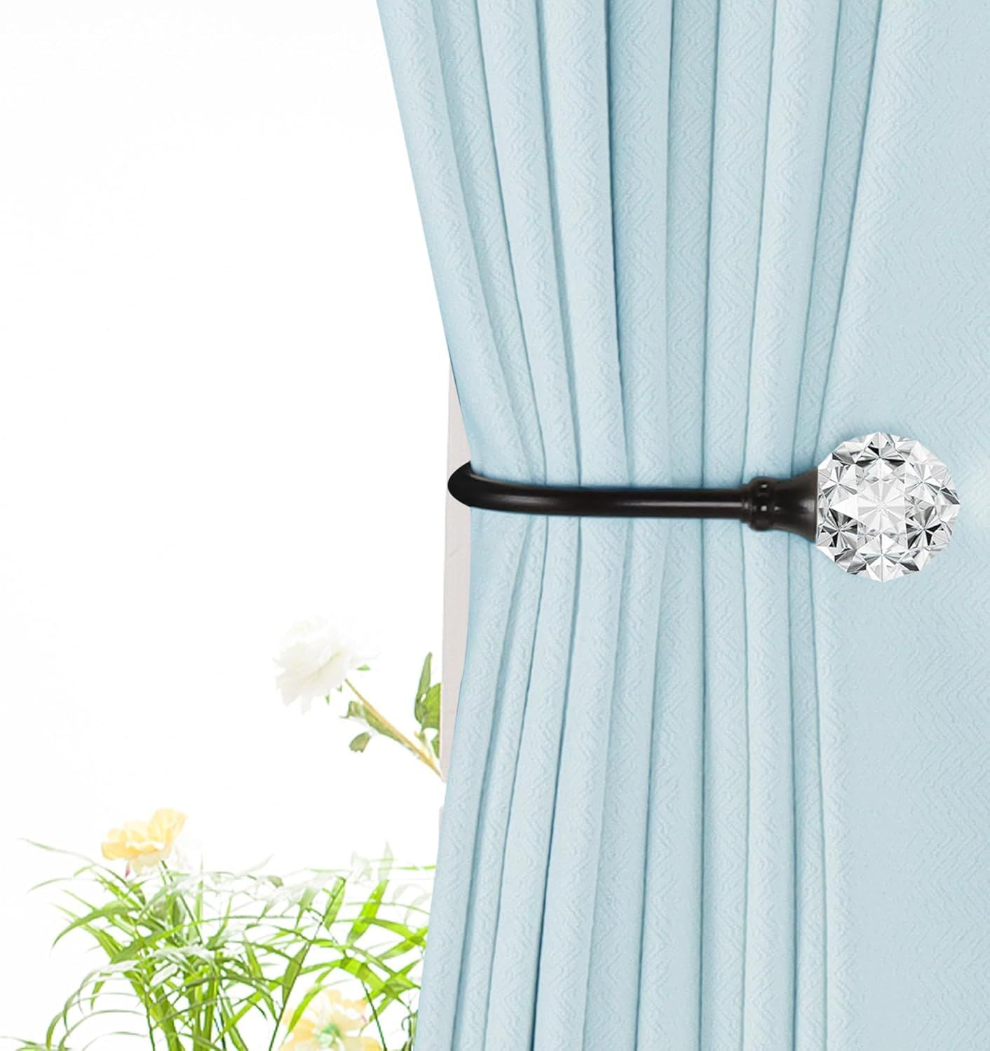 2 x Heavy Duty U Shaped Metal Curtain Holdbacks Curtain Tiebacks with Clear Crystal Ball Pull Backs Curtain Holders or Drapes Black