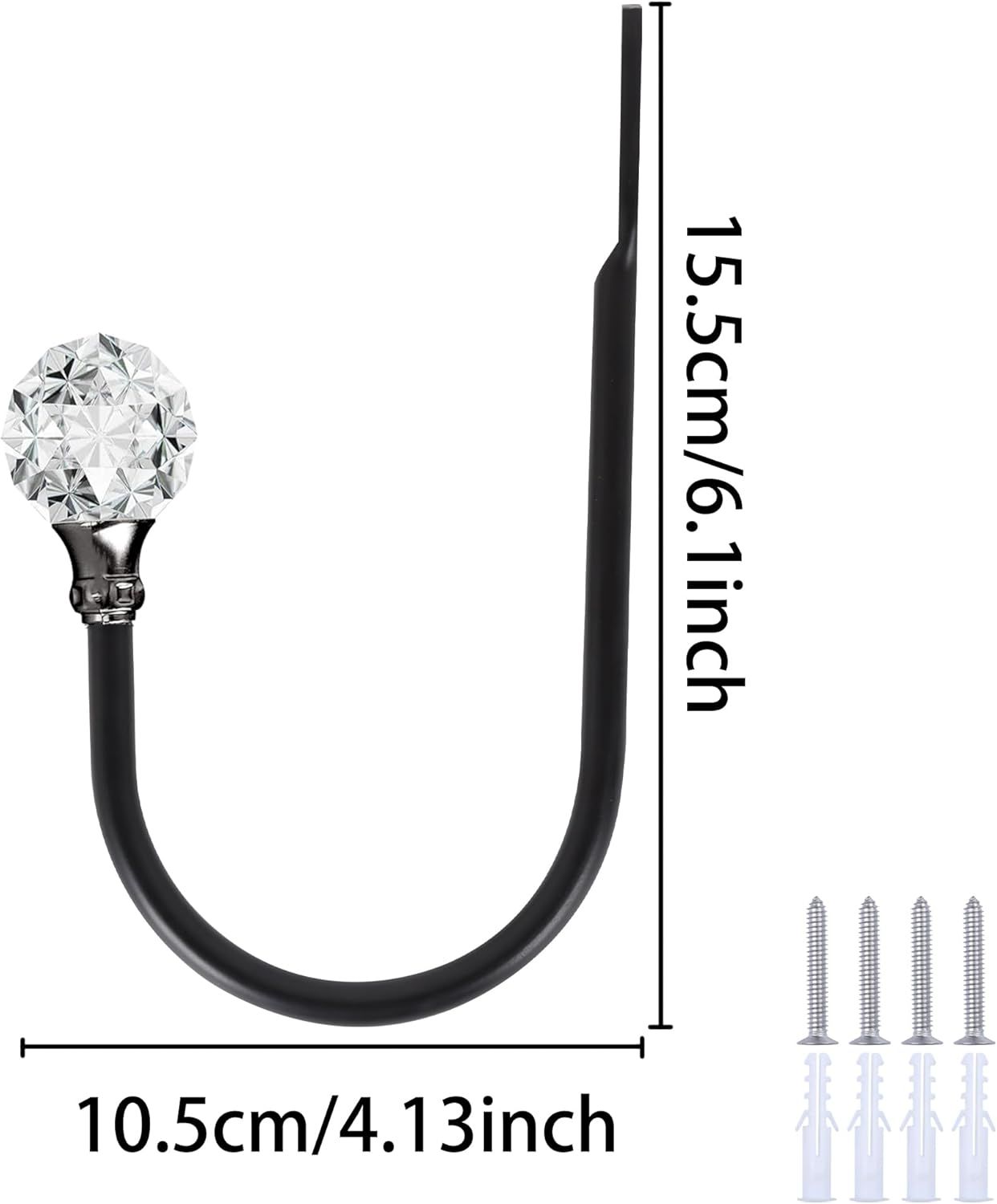 2 x Heavy Duty U Shaped Metal Curtain Holdbacks Curtain Tiebacks with Clear Crystal Ball Pull Backs Curtain Holders or Drapes Black