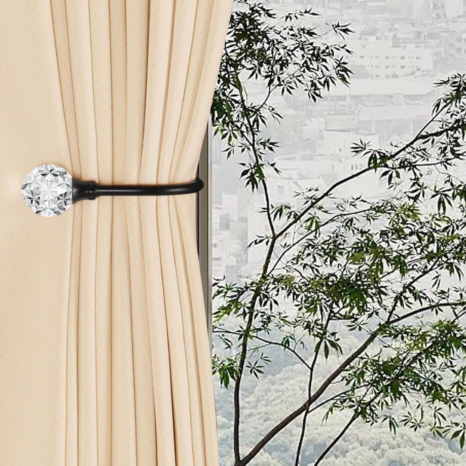 2 x Heavy Duty U Shaped Metal Curtain Holdbacks Curtain Tiebacks with Clear Crystal Ball Pull Backs Curtain Holders or Drapes Black
