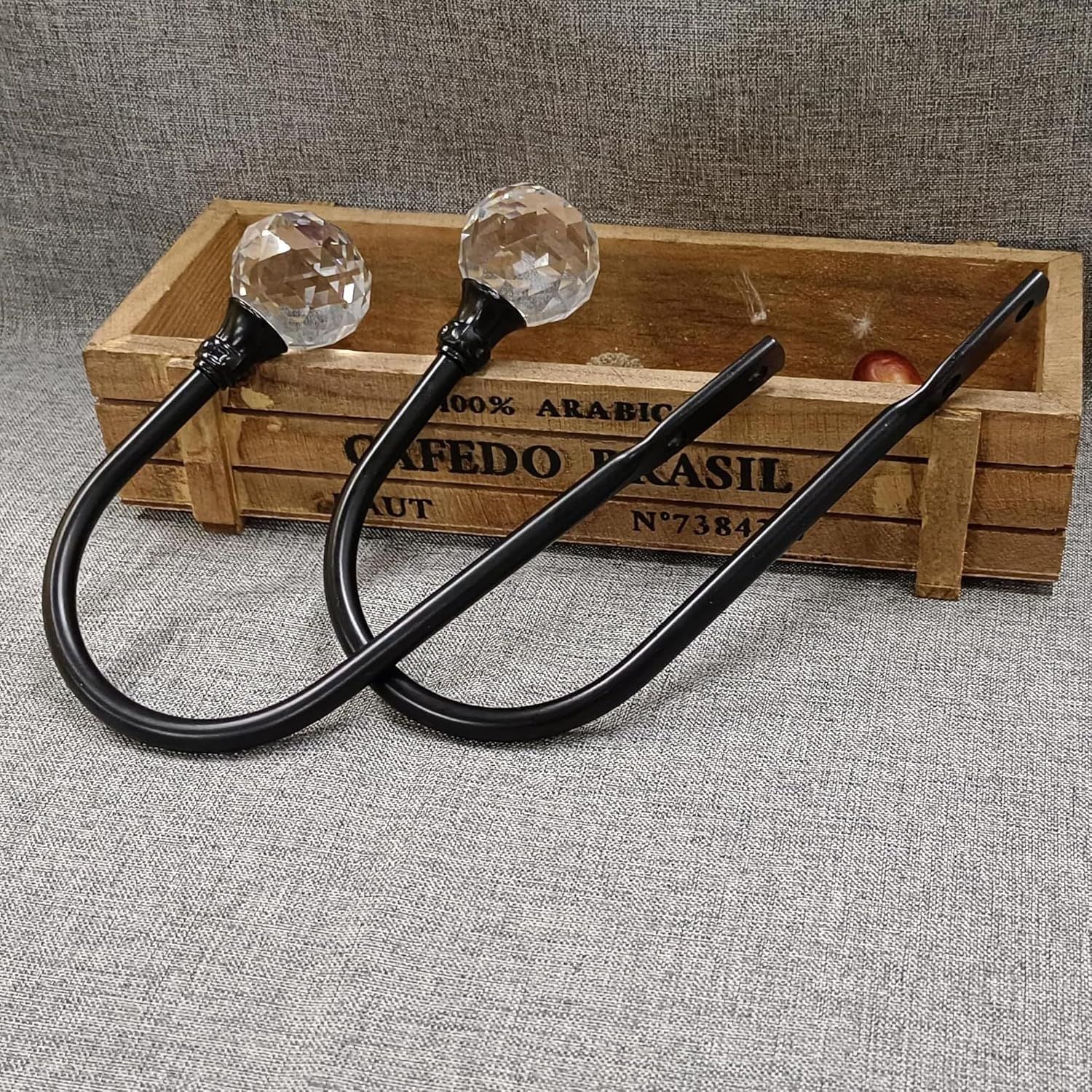 2 x Heavy Duty U Shaped Metal Curtain Holdbacks Curtain Tiebacks with Clear Crystal Ball Pull Backs Curtain Holders or Drapes Black