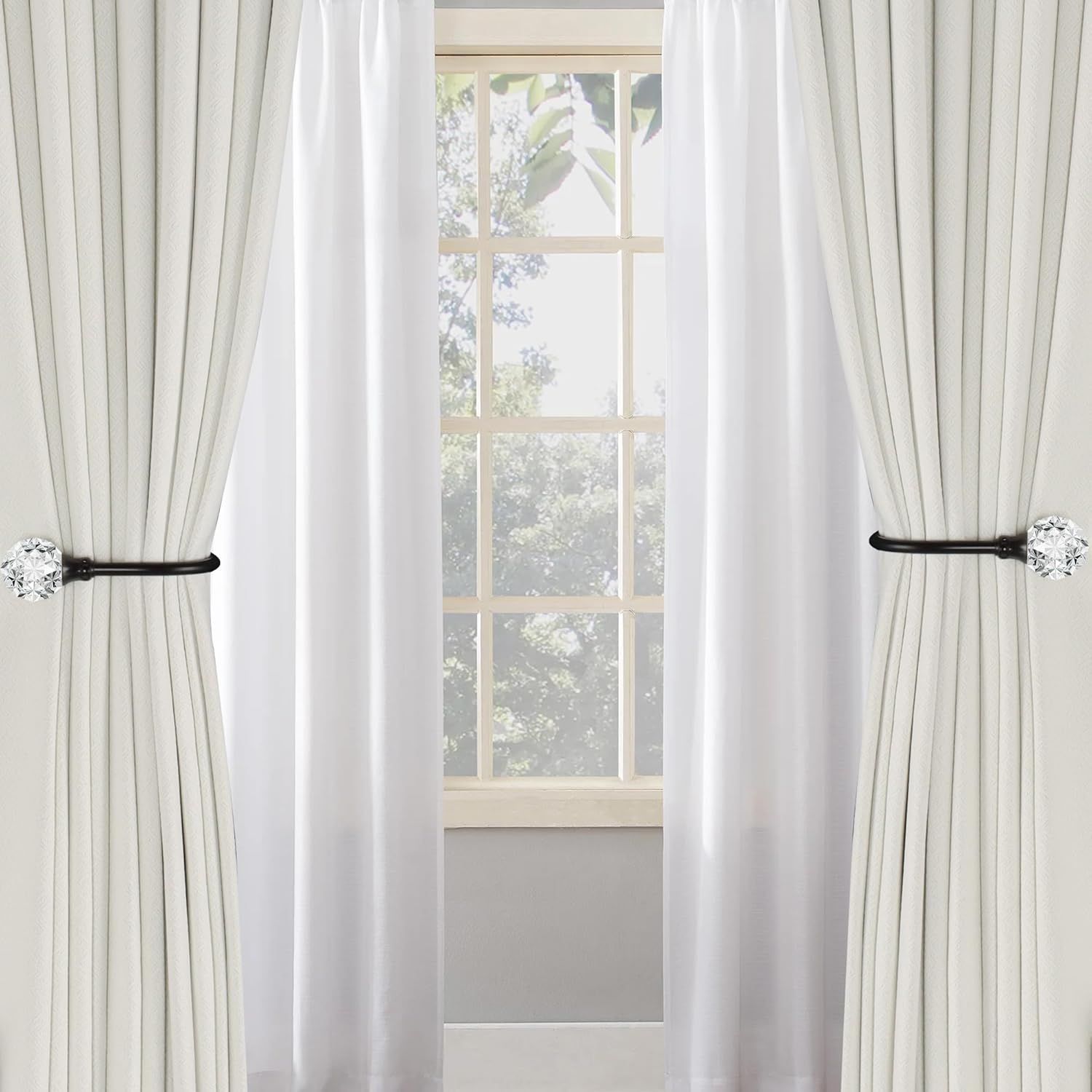 2 x Heavy Duty U Shaped Metal Curtain Holdbacks Curtain Tiebacks with Clear Crystal Ball Pull Backs Curtain Holders or Drapes Black