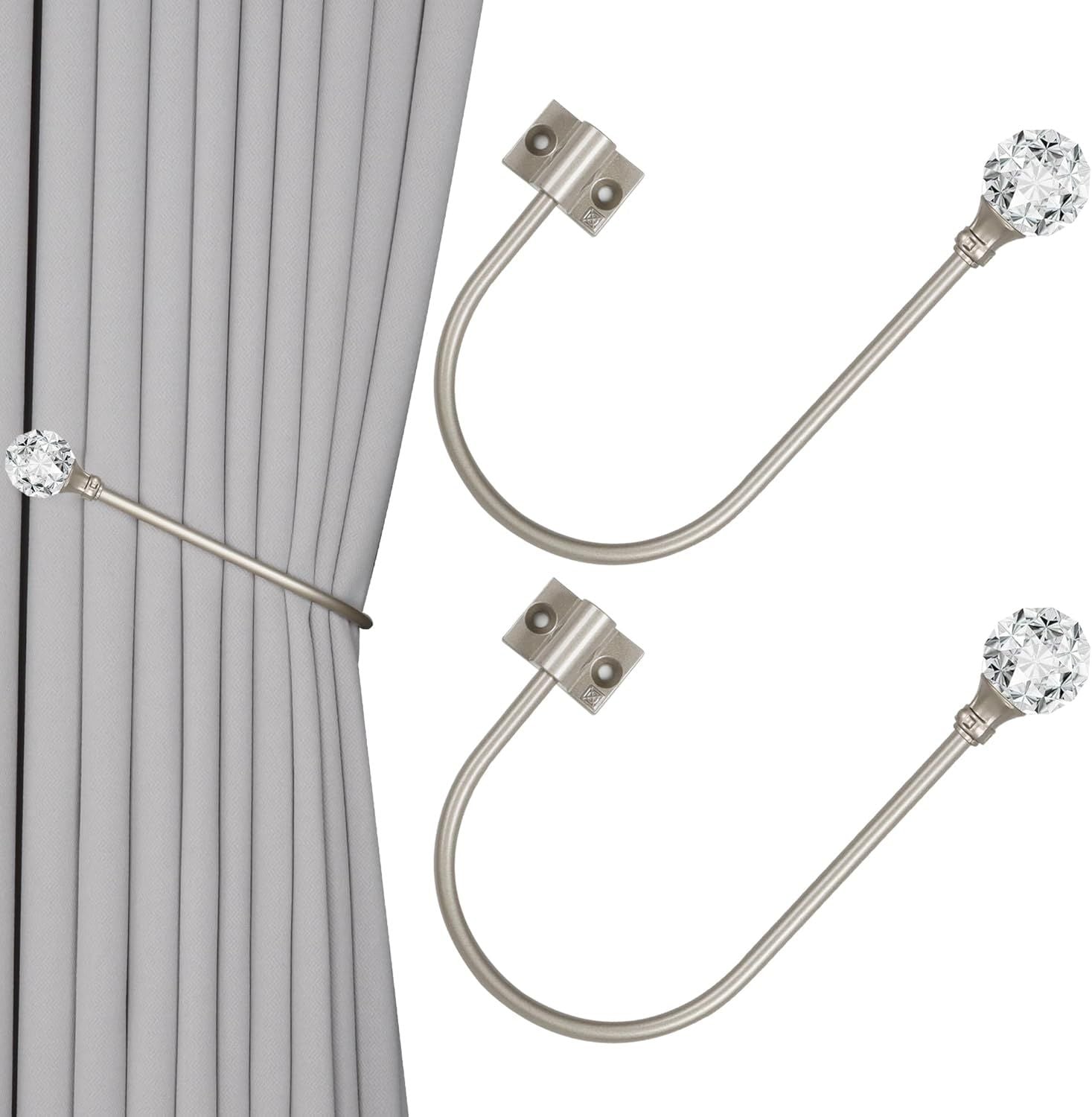 Upgraded Curtain Tiebacks Set o 2 - Wall Mounted Heavy Duty Adjustable Curtain Holdbacks or Heavy Curtains,U-Shaped Curtain Pull Backs with 180°lexible Angle 2, Silver with Crystal Ball