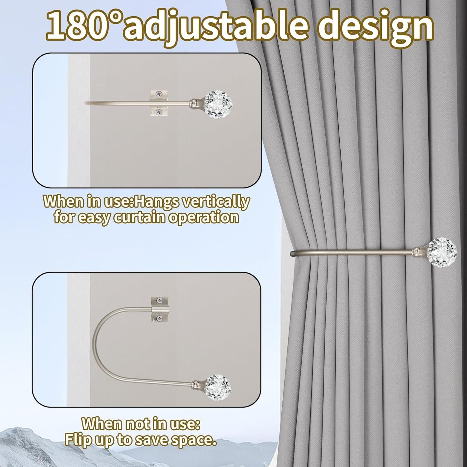 Upgraded Curtain Tiebacks Set o 2 - Wall Mounted Heavy Duty Adjustable Curtain Holdbacks or Heavy Curtains,U-Shaped Curtain Pull Backs with 180°lexible Angle 2, Silver with Crystal Ball