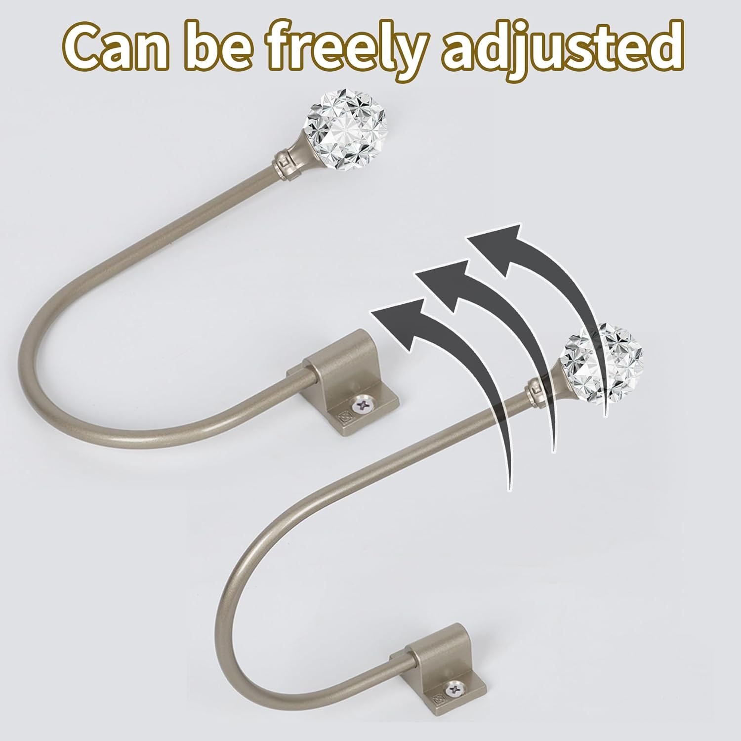 Upgraded Curtain Tiebacks Set o 2 - Wall Mounted Heavy Duty Adjustable Curtain Holdbacks or Heavy Curtains,U-Shaped Curtain Pull Backs with 180°lexible Angle 2, Silver with Crystal Ball