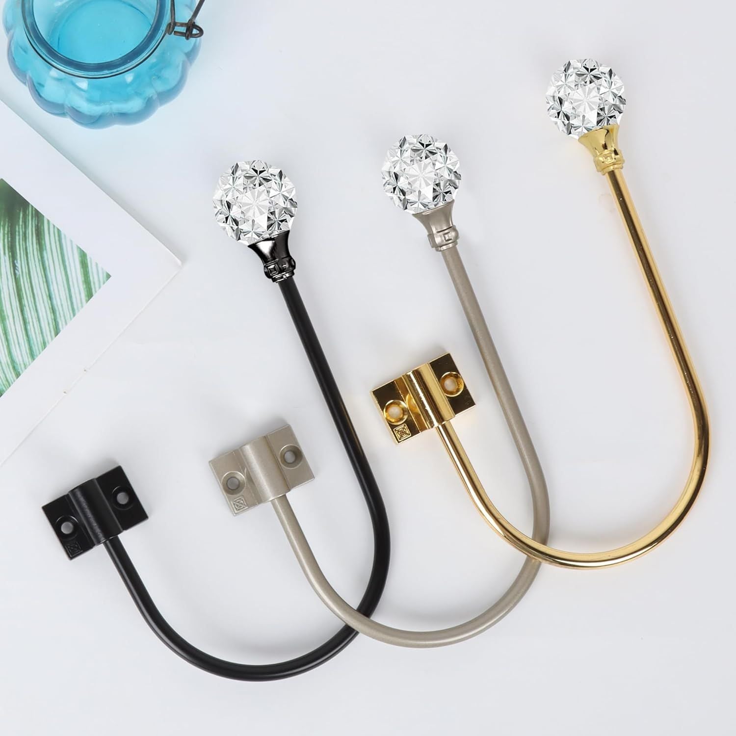 Upgraded Curtain Tiebacks Set o 2 - Wall Mounted Heavy Duty Adjustable Curtain Holdbacks or Heavy Curtains,U-Shaped Curtain Pull Backs with 180°lexible Angle 2, Silver with Crystal Ball