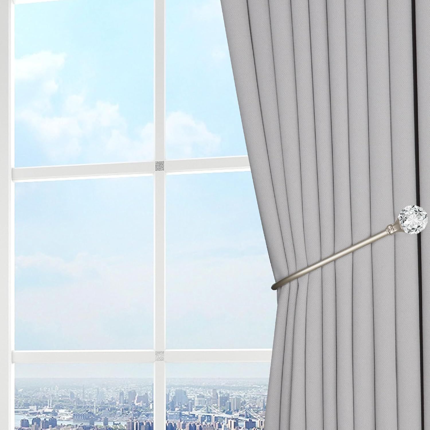 Upgraded Curtain Tiebacks Set o 2 - Wall Mounted Heavy Duty Adjustable Curtain Holdbacks or Heavy Curtains,U-Shaped Curtain Pull Backs with 180°lexible Angle 2, Silver with Crystal Ball