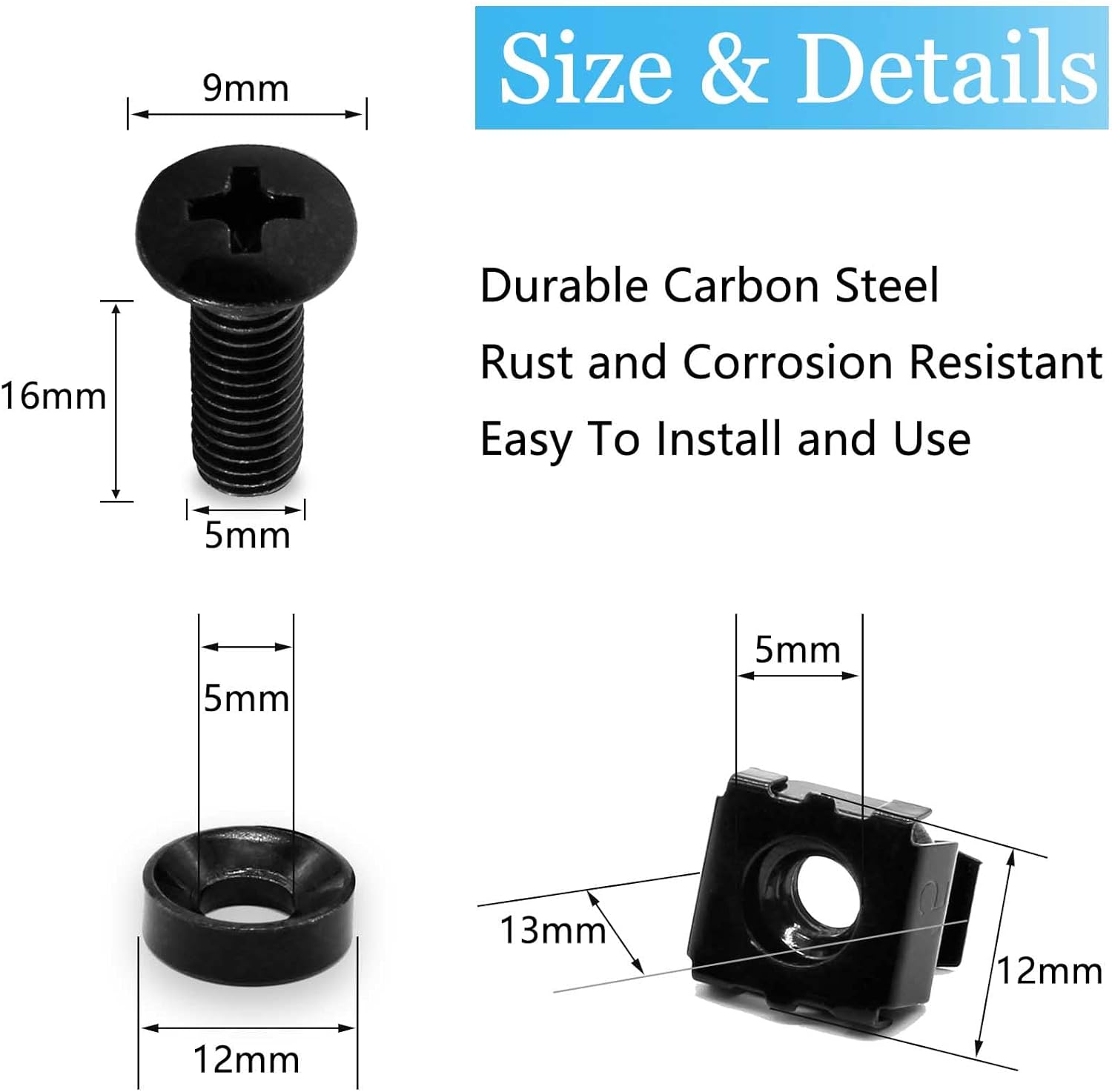 Biaungdo 30 Pcs M5 x 16mm Rack Screws and Cage Nuts, Computer Rack Mount Cage Screws & Nuts & Washers for Server Console Mounting, Rack Mount, Cabinets Black