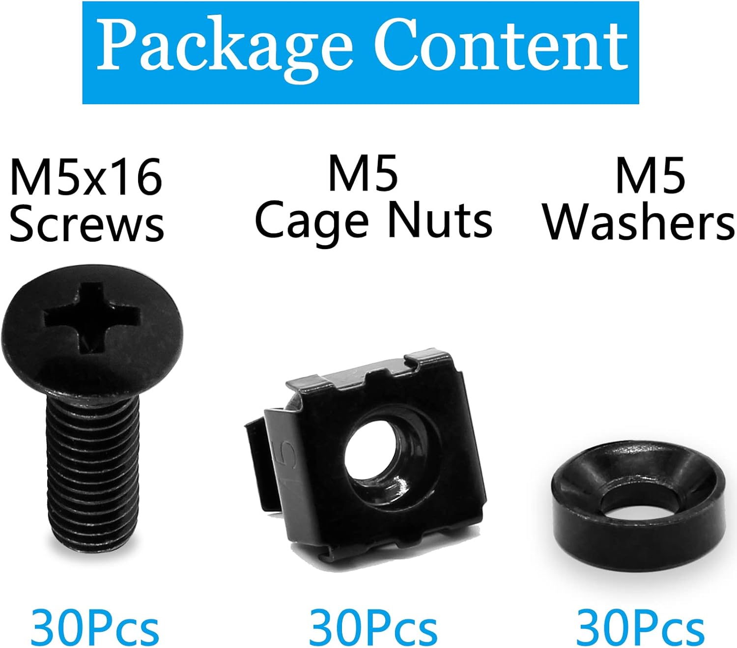 Biaungdo 30 Pcs M5 x 16mm Rack Screws and Cage Nuts, Computer Rack Mount Cage Screws & Nuts & Washers for Server Console Mounting, Rack Mount, Cabinets Black