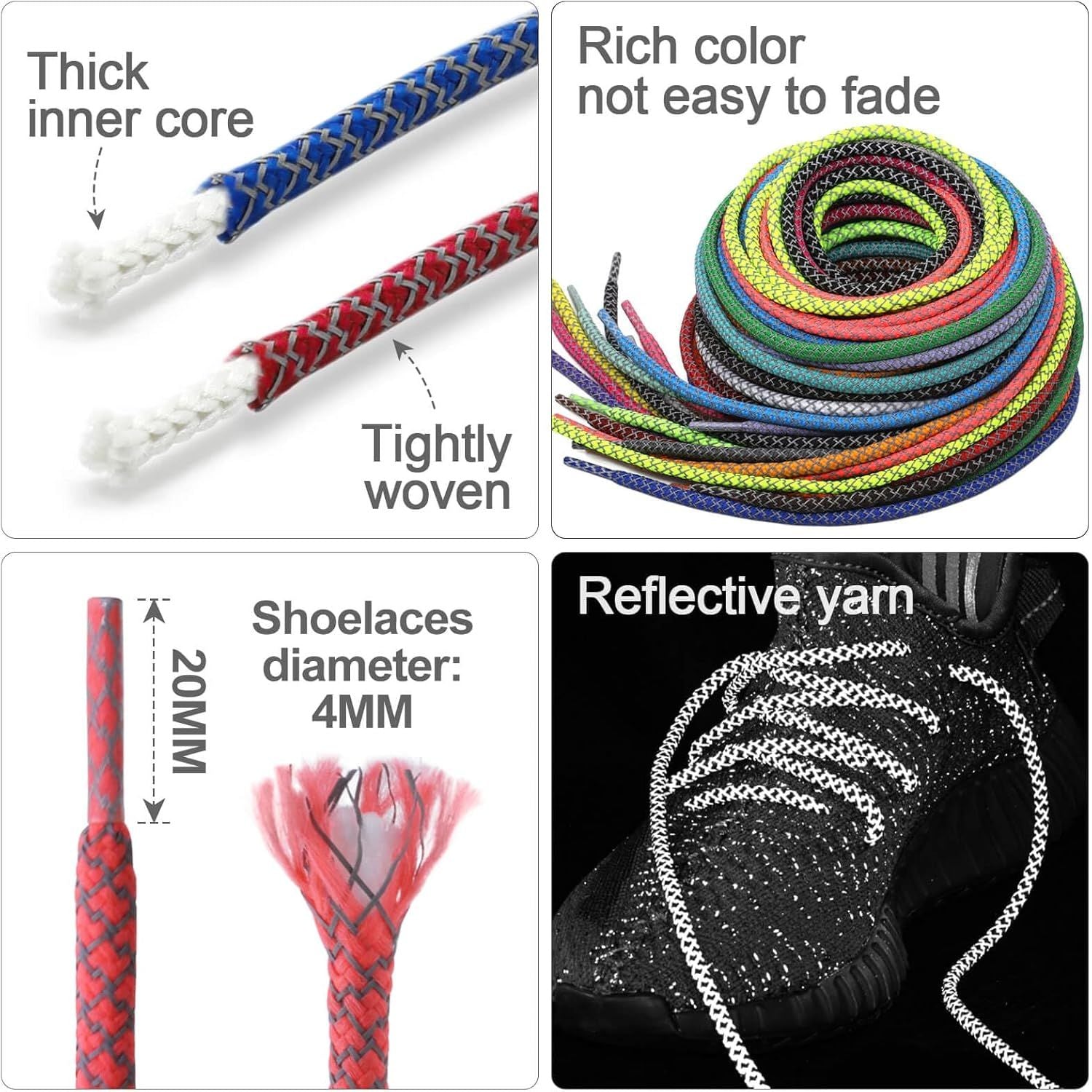 2 Pairs 4/25" Thick Round Relective Shoe Laces Saety Highlight Rope