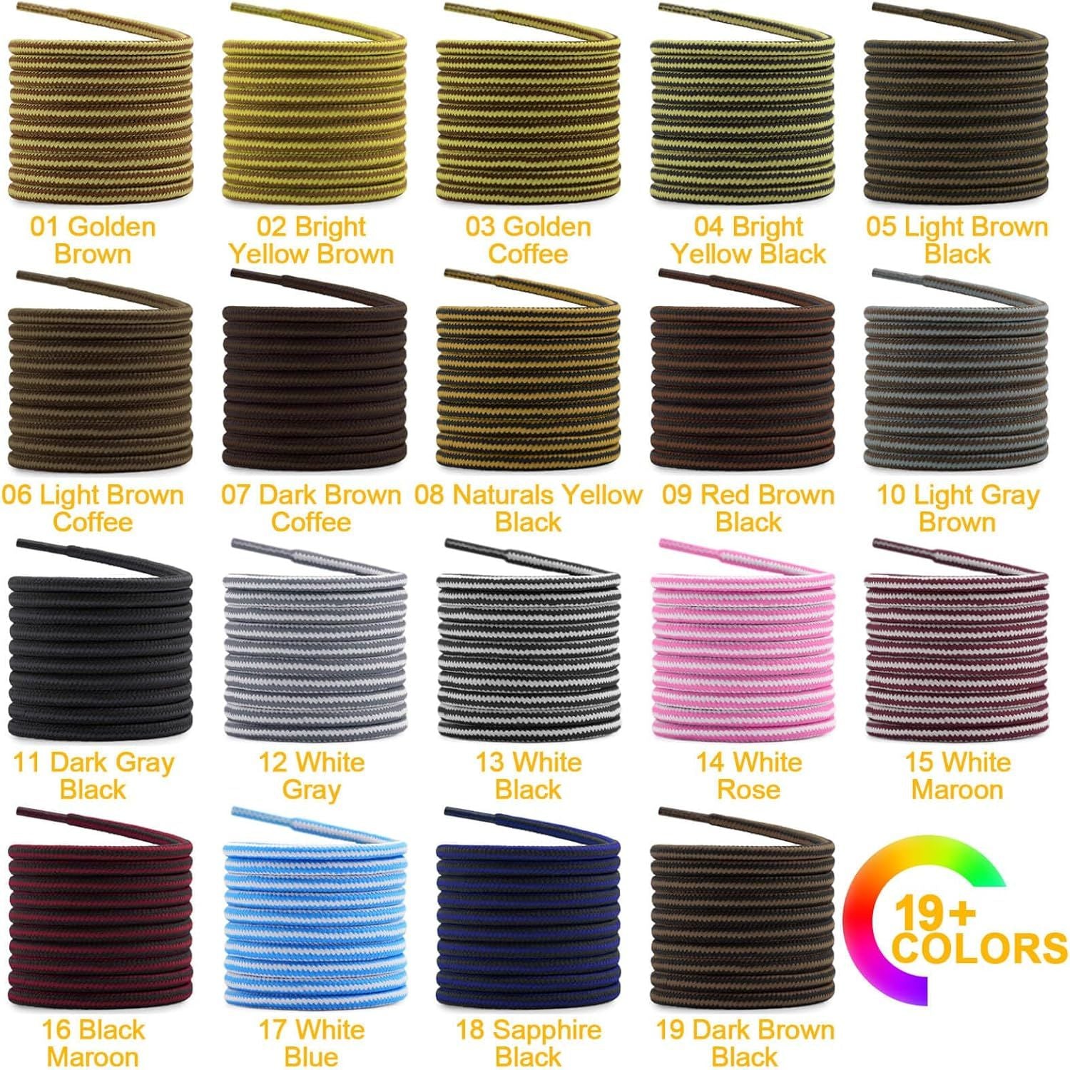 2 Pair Round Boot Laces Outdoor Hiking Walking Shoelaces Dual Coloured Striped Shoe Lace Work Shoe Strings