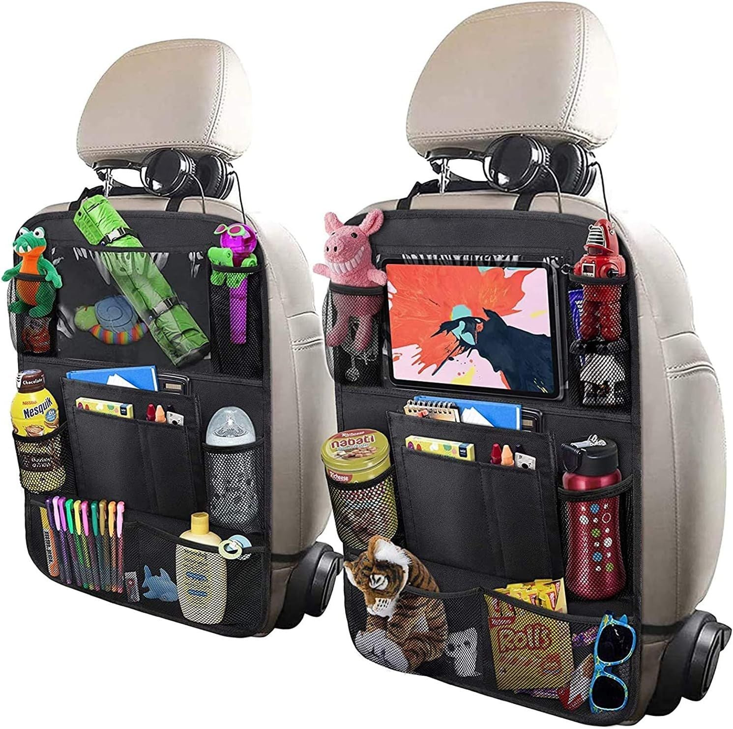 Car Backseat Organizer with 10" Table Holder, 9 Storage Pockets Seat Back Protectors Kick Mats or Kids Toddlers, Travel Accessories, 2 Pack