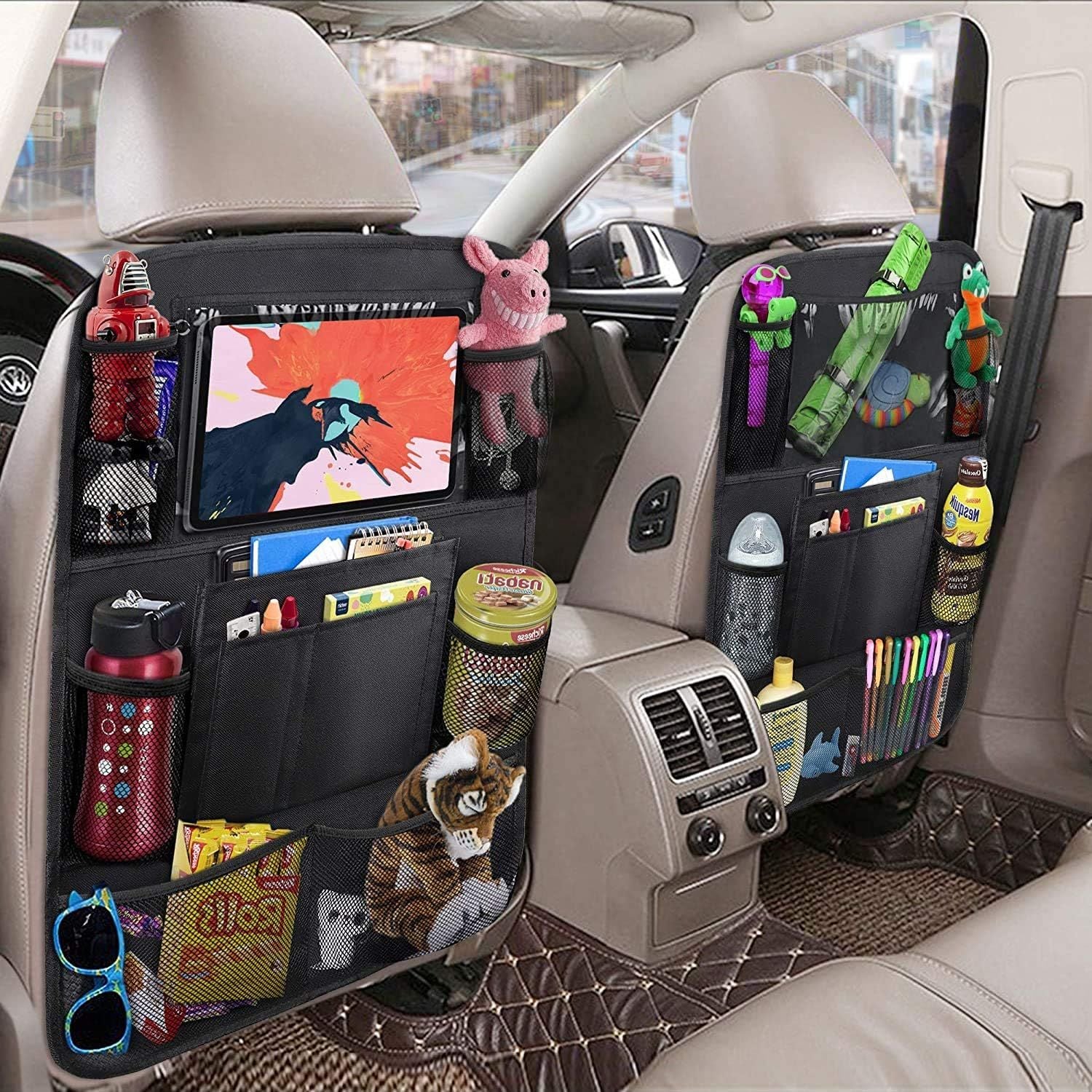 Car Backseat Organizer with 10" Table Holder, 9 Storage Pockets Seat Back Protectors Kick Mats or Kids Toddlers, Travel Accessories, 2 Pack