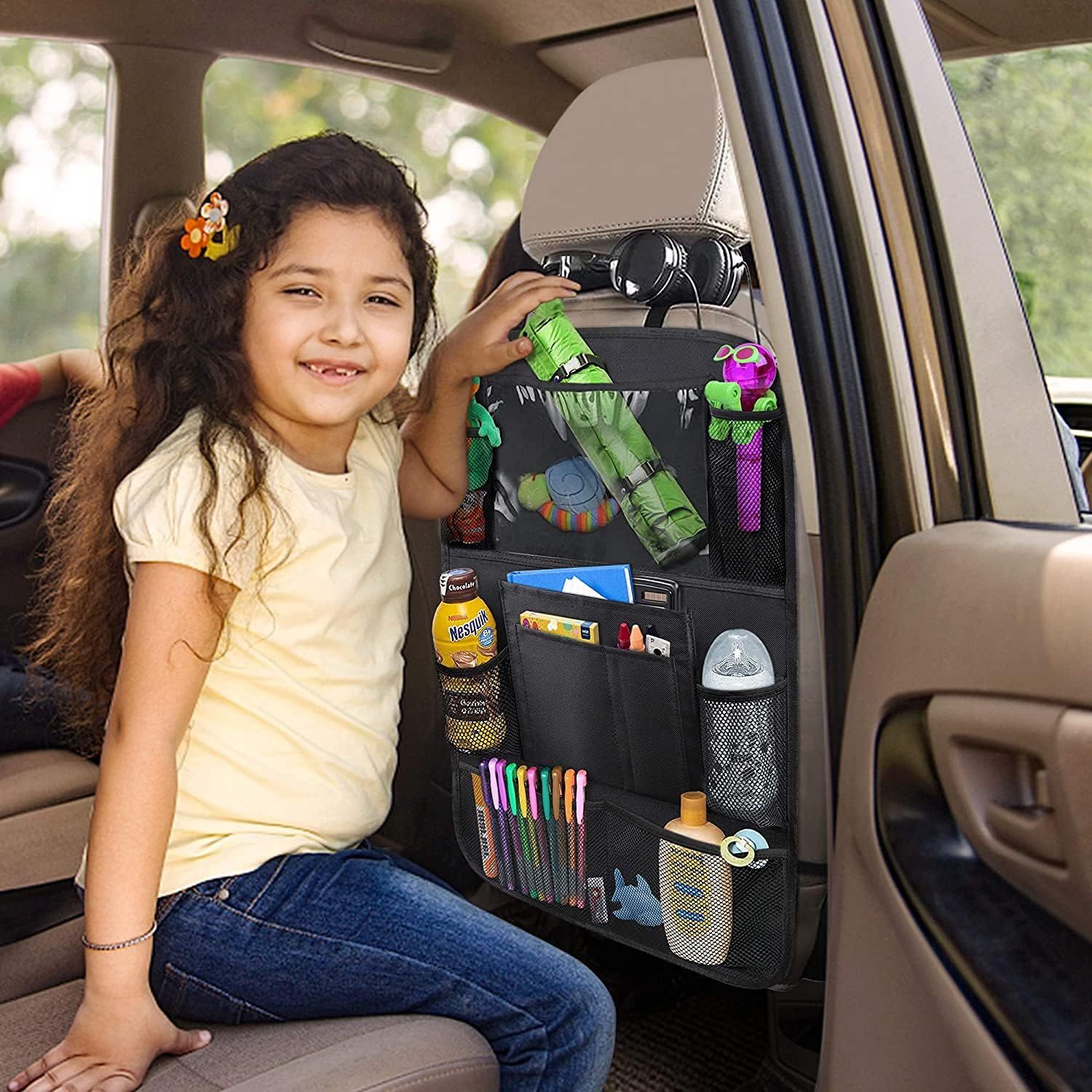 Car Backseat Organizer with 10" Table Holder, 9 Storage Pockets Seat Back Protectors Kick Mats or Kids Toddlers, Travel Accessories, 2 Pack