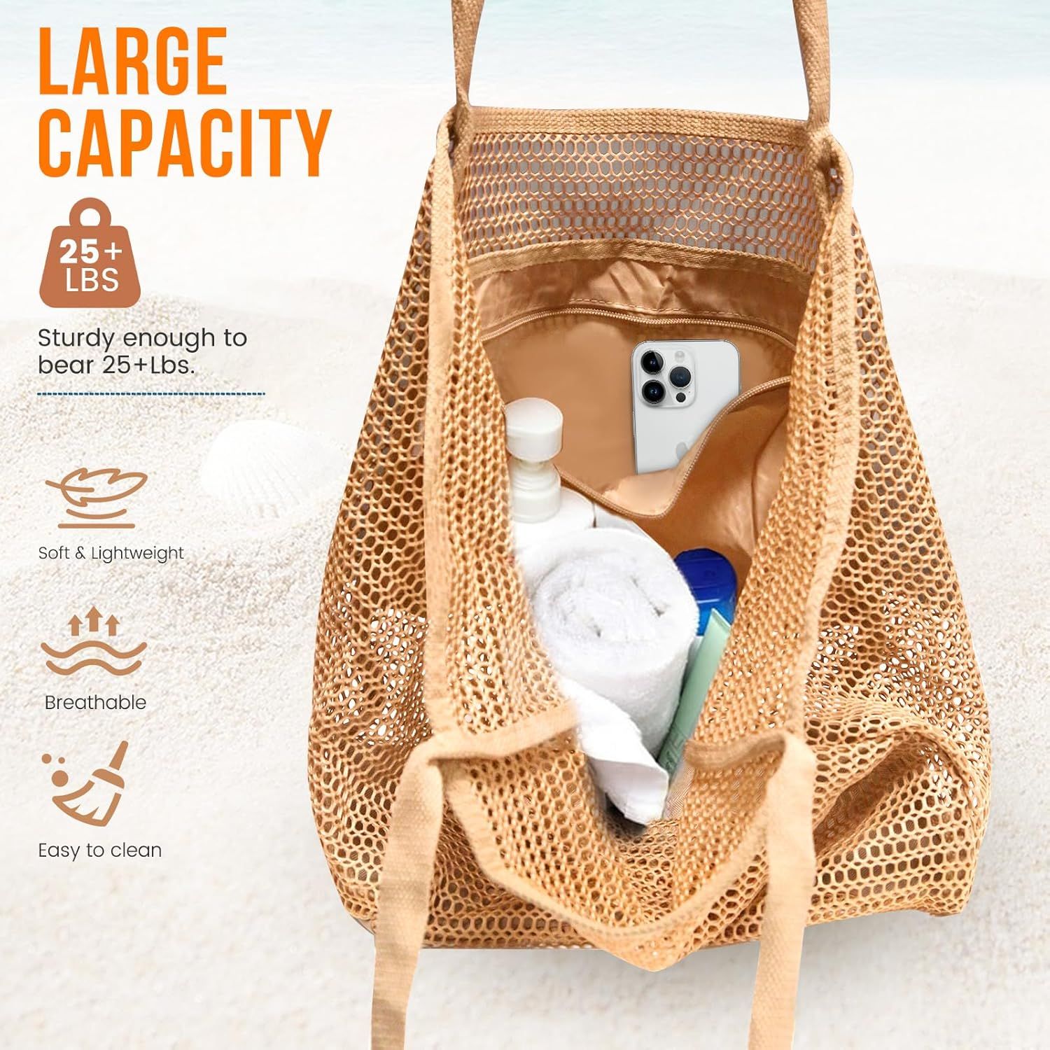 Beach Bags or Women, Summer Travel Mesh Tote Bag with Large Inner Pocket, Sandproo Woven Shoulder Handbag
