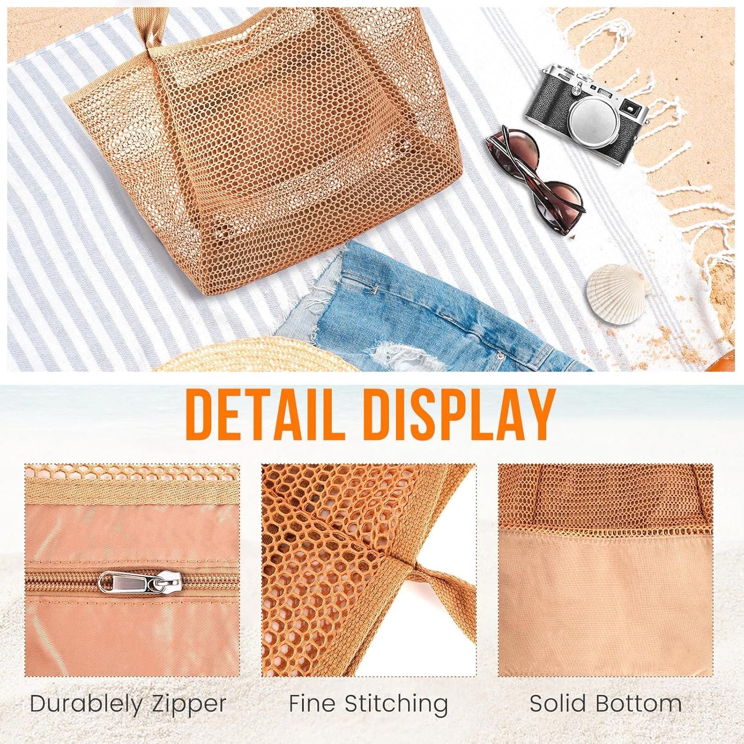 Beach Bags or Women, Summer Travel Mesh Tote Bag with Large Inner Pocket, Sandproo Woven Shoulder Handbag