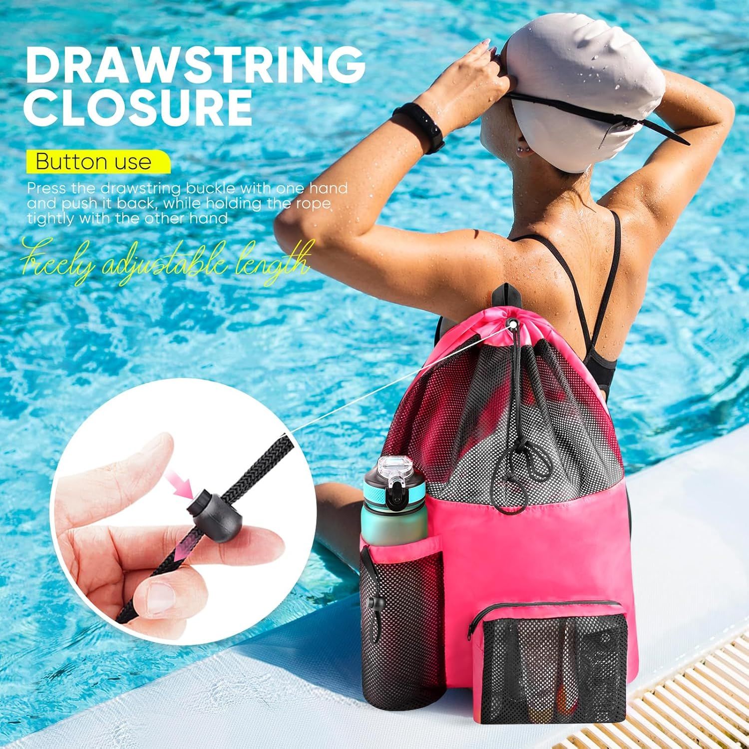 Mesh Swim Bag Beach Drawstring Backpack, Waterproo Gym Bags or Women and Men, Large Pool Bag Swimming Gear or Swimmers