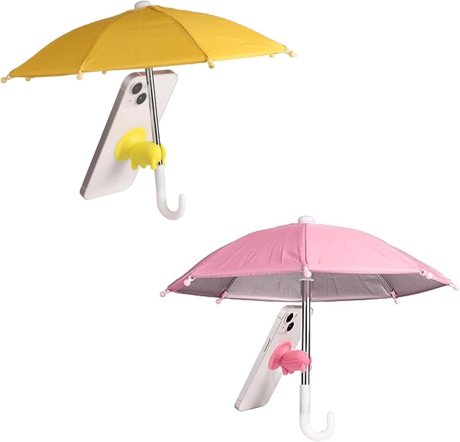 2pcs Cell Phone Umbrella or Sun Shade, Universal Adjustable Cute Phone Shade Umbrella with Piggy Style Suction Cup, Outdoor Anti-Glare Stand Sun Visor Yellow & Pink