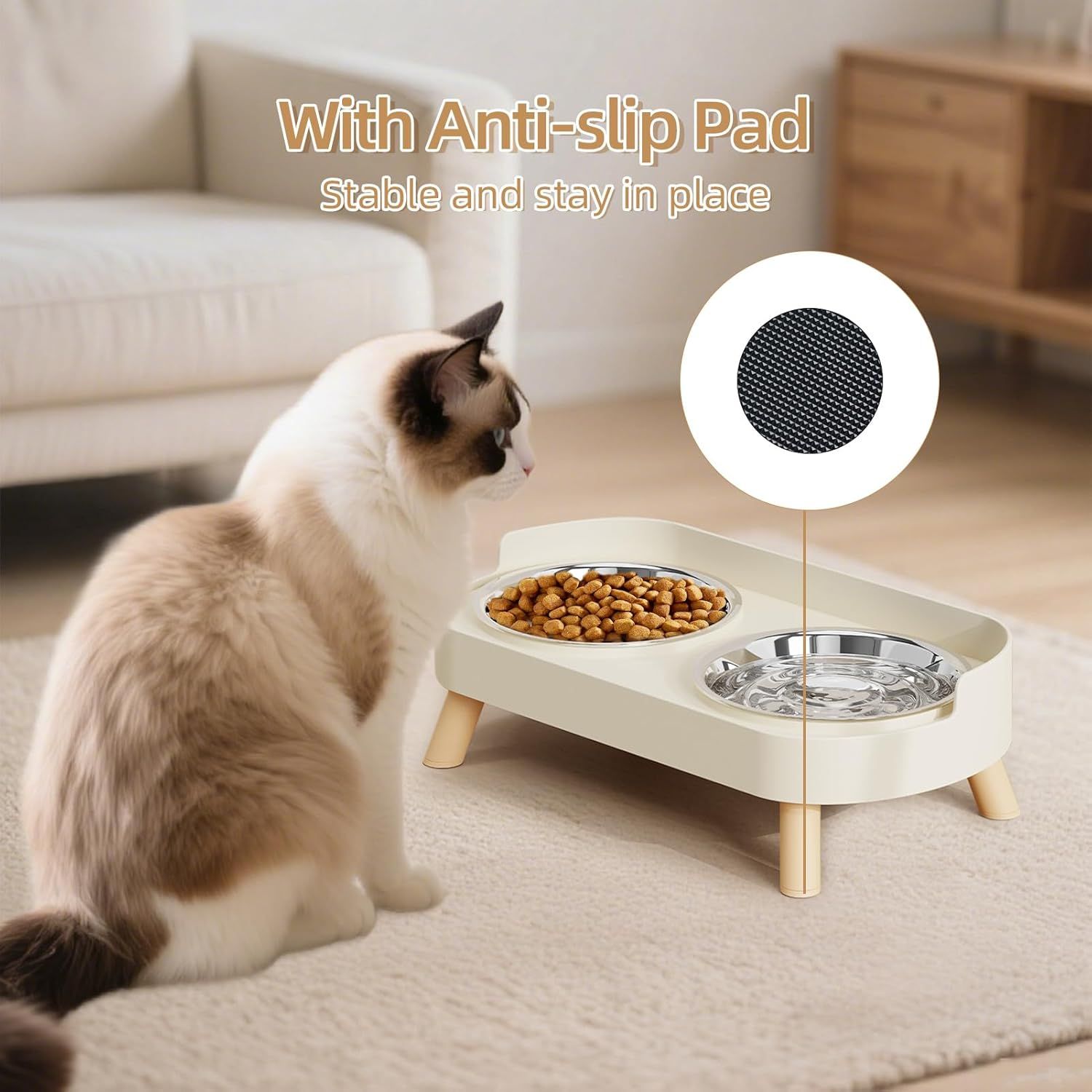 Elevated Cat Bowl, Raised Cat ood and Water Bowl Set or Indoor Cats, Splash Proo with 2 Stainless Steel Pet ood Bowls or Cats and Puppies, Whisker atigue and Dishwasher Sae - White
