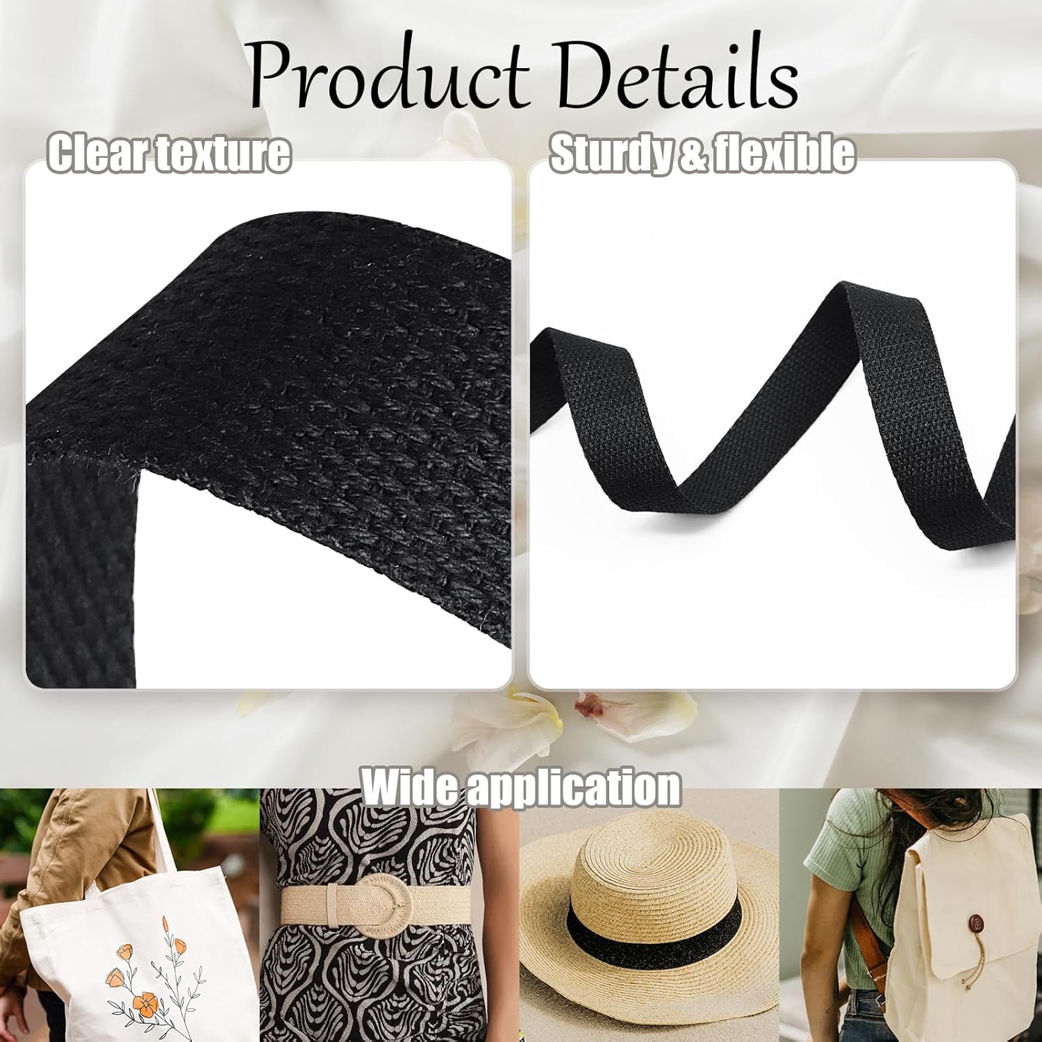 Biaungdo 1 Inch 12 Yards Cotton Webbing Straps, Black Polyester Weave Webbing for Bags Handles, Tote Bag, Purse Straps, Cloth Belt, Sewing DIY Crafts Bags Making