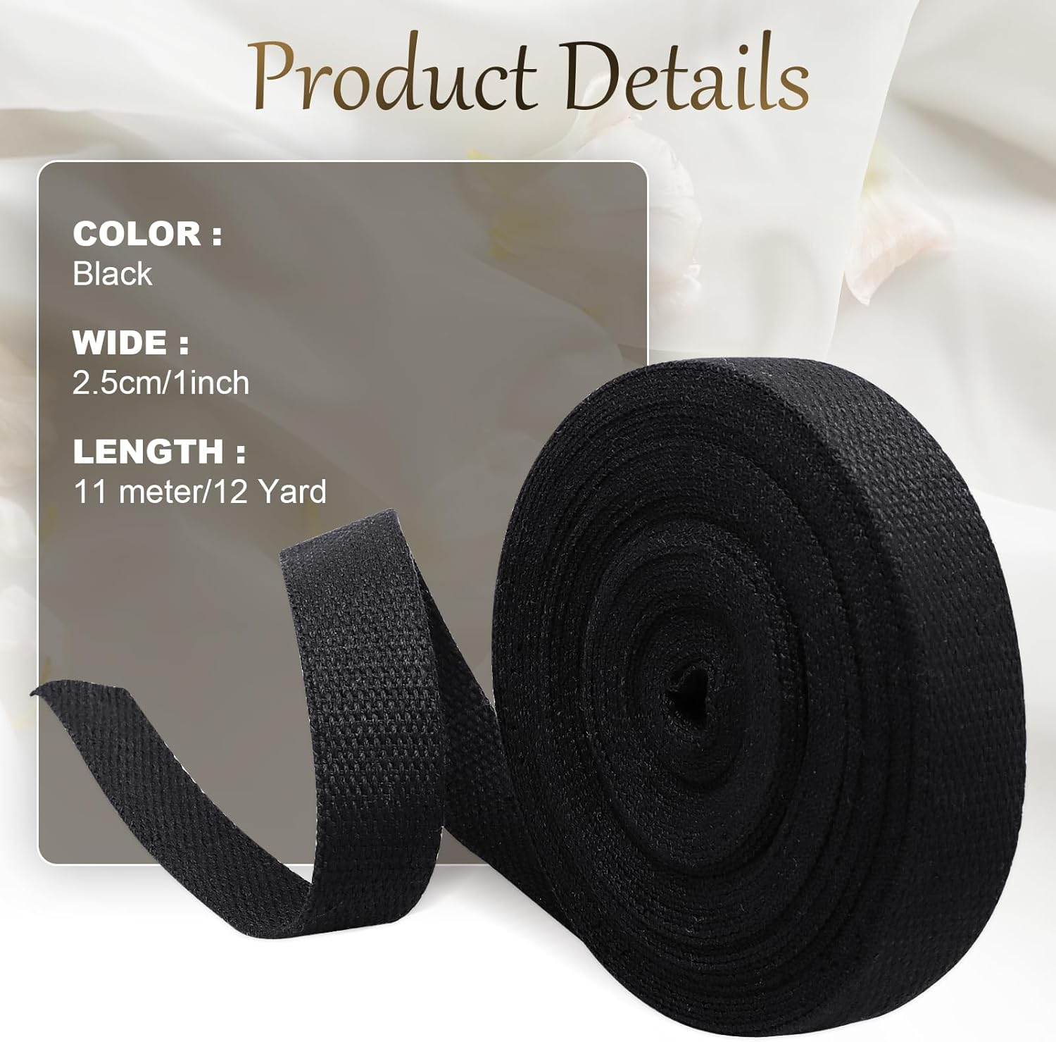 Biaungdo 1 Inch 12 Yards Cotton Webbing Straps, Black Polyester Weave Webbing for Bags Handles, Tote Bag, Purse Straps, Cloth Belt, Sewing DIY Crafts Bags Making