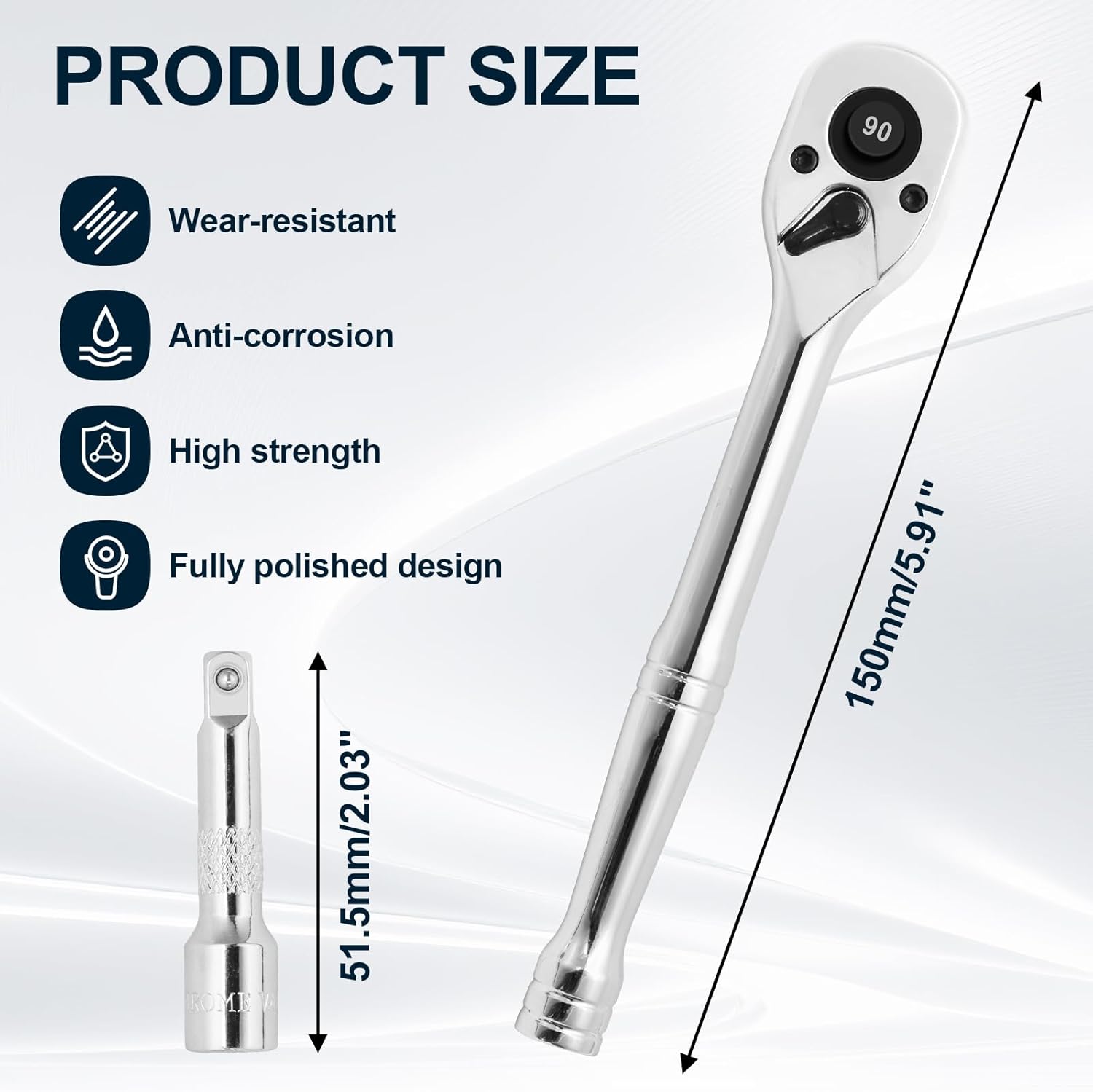 Biaungdo 1/4 Inch Drive Ratchet with 2 Inch Extension Bar, 90-Tooth Reversible Quick-release Ratchet Wrench, Chrome Alloy Socket Wrench Set