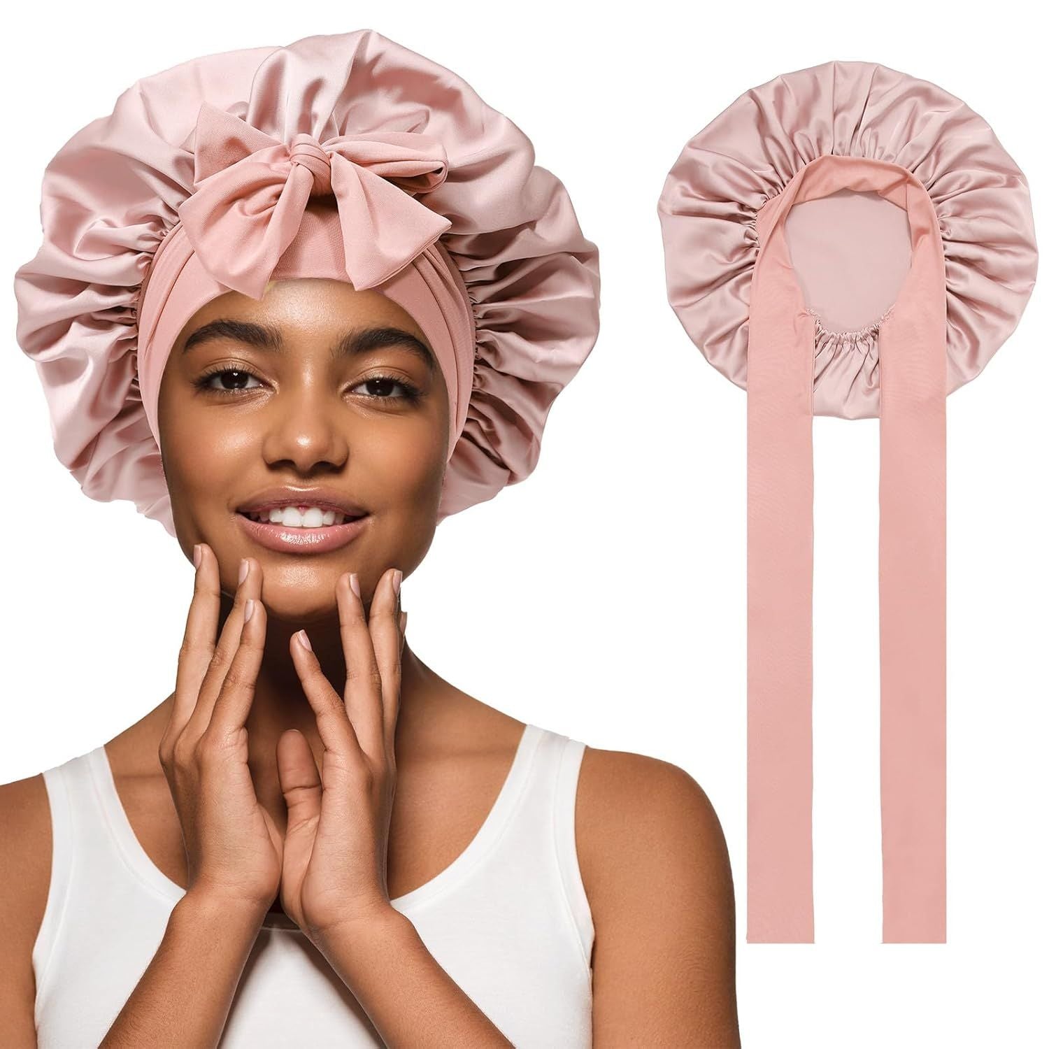 Satin Hair Bonnet with Wide Band Silk Sleeping Bonnets Hair Wrap or Women Girls Night Cap with Tie Band Satin Bonnet Light Pink
