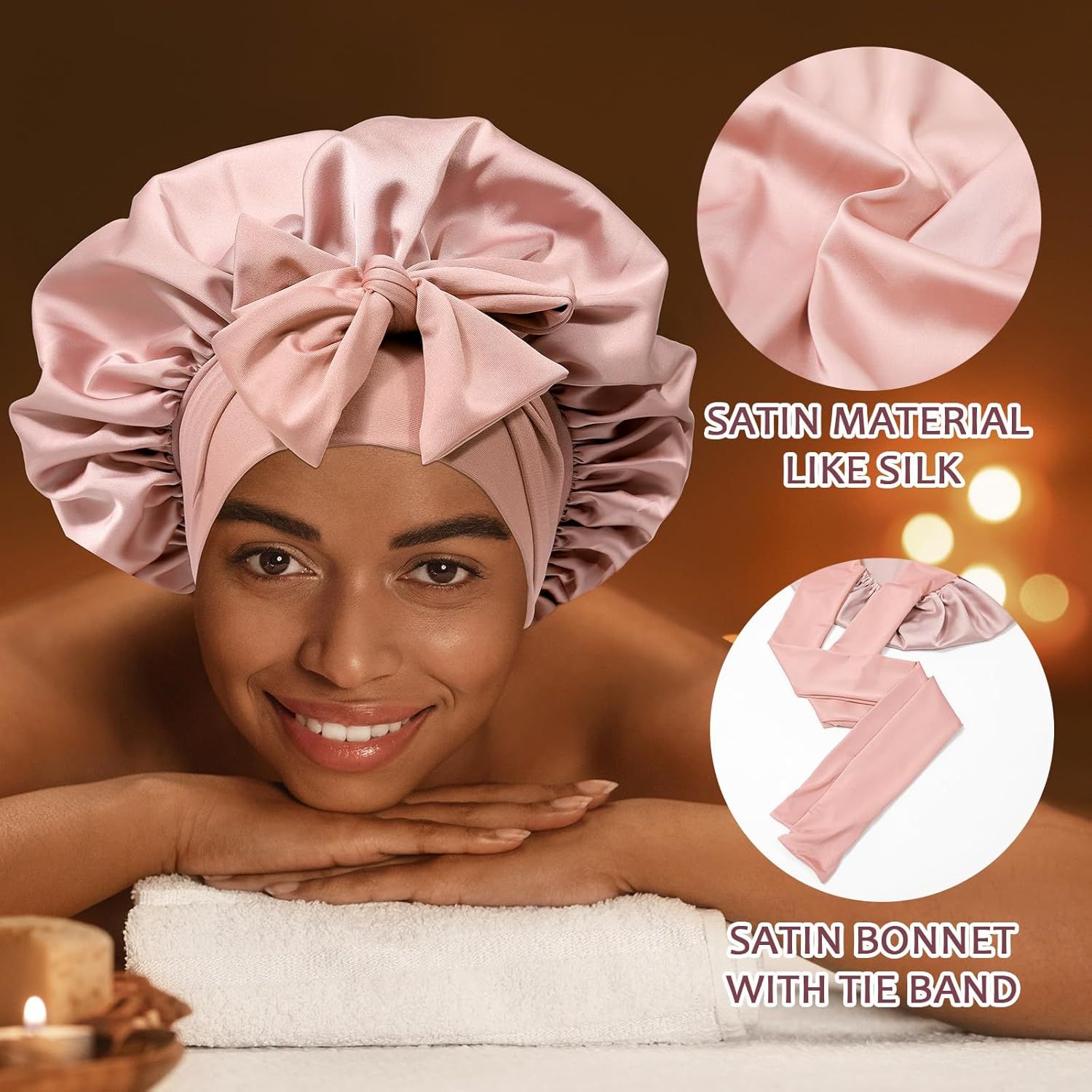 Satin Hair Bonnet with Wide Band Silk Sleeping Bonnets Hair Wrap or Women Girls Night Cap with Tie Band Satin Bonnet Light Pink