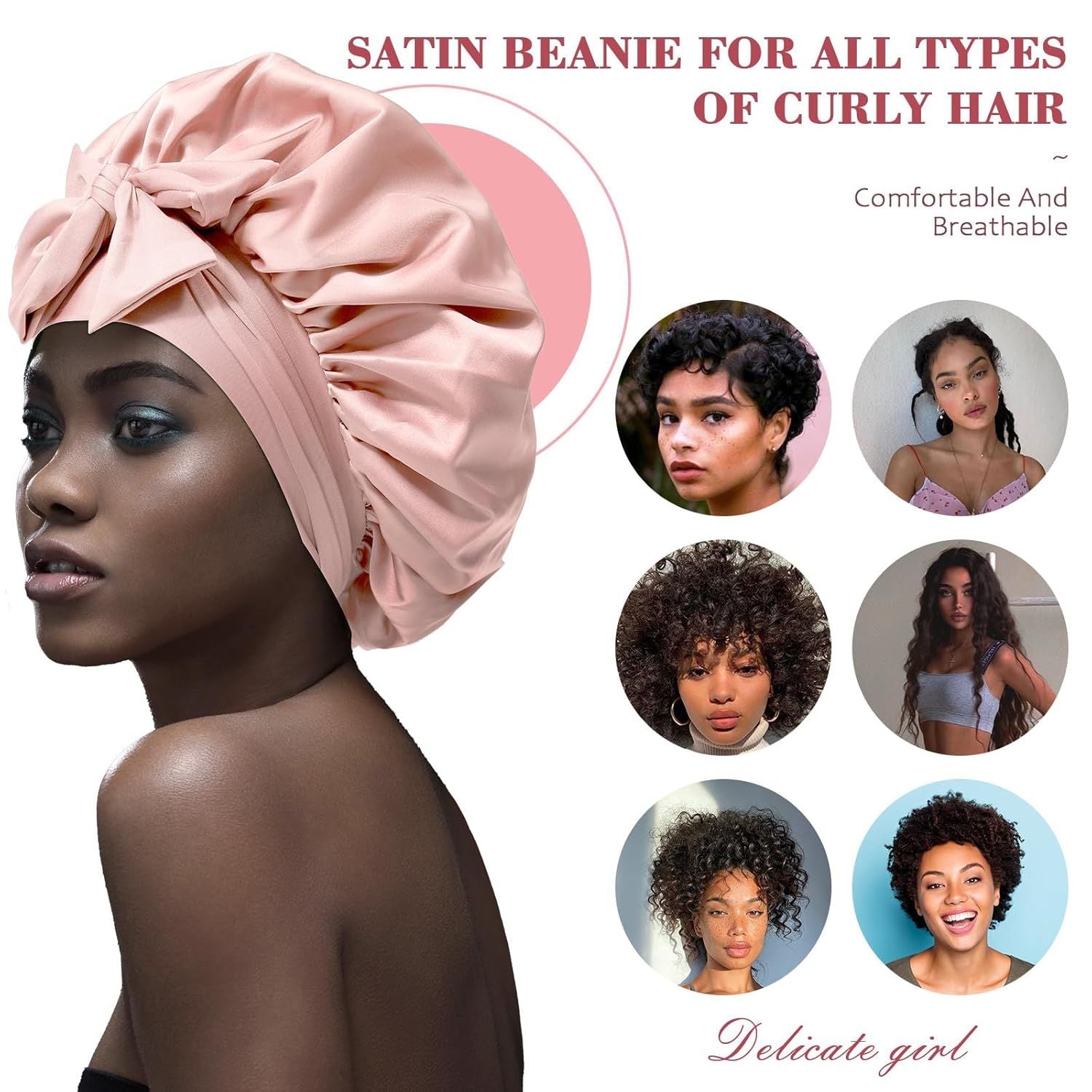 Satin Hair Bonnet with Wide Band Silk Sleeping Bonnets Hair Wrap or Women Girls Night Cap with Tie Band Satin Bonnet Light Pink