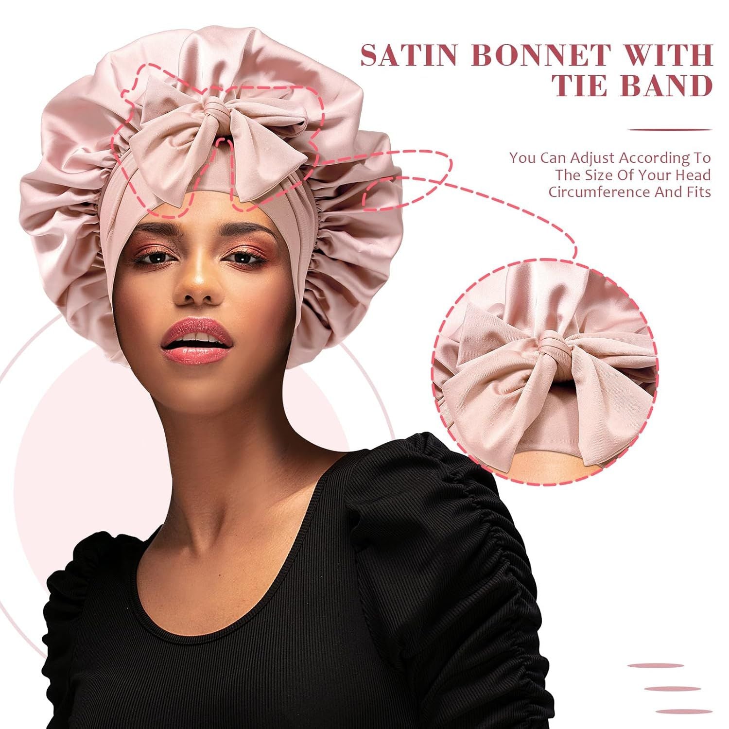 Satin Hair Bonnet with Wide Band Silk Sleeping Bonnets Hair Wrap or Women Girls Night Cap with Tie Band Satin Bonnet Light Pink