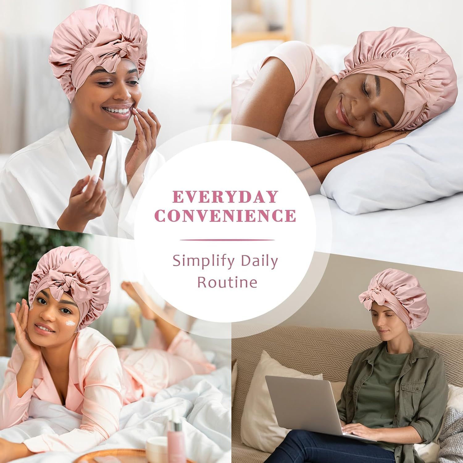 Satin Hair Bonnet with Wide Band Silk Sleeping Bonnets Hair Wrap or Women Girls Night Cap with Tie Band Satin Bonnet Light Pink