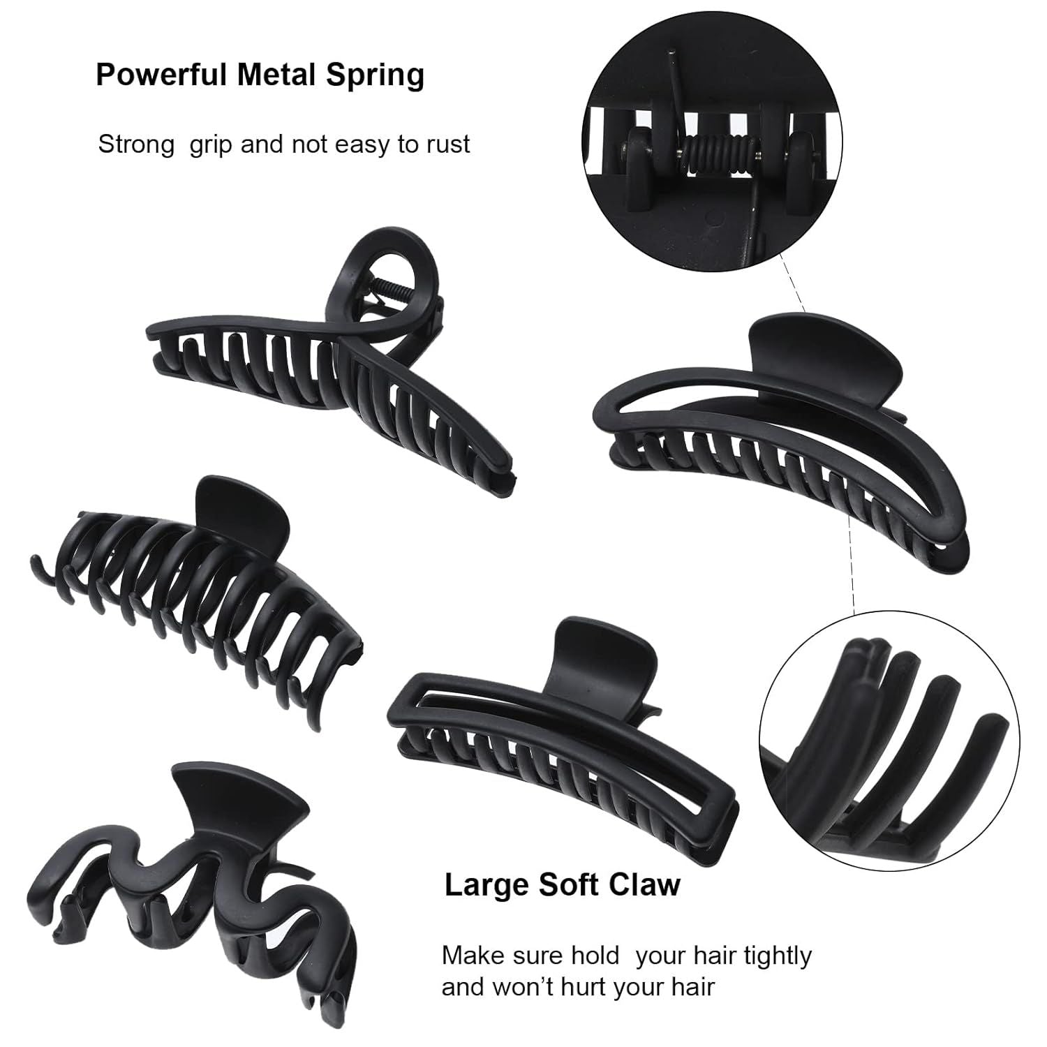 5PCS Large Claw Hair Clips or Thick Hair Big Banana Hair Clips or Women Nonslip Strong Hold Hair Claw Clip Matte Black
