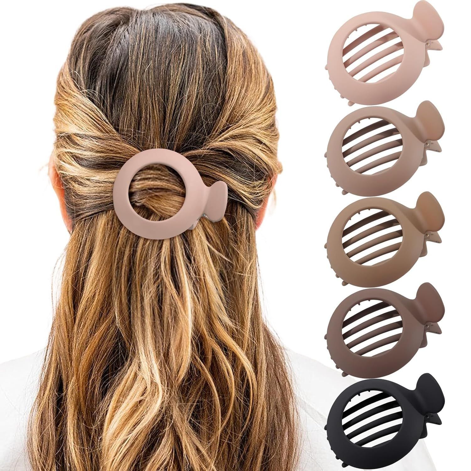 5Pcs lat Claw Hair Clips or Women with Thin & Thick hair, Non-slip Round Jaw Clamp or Lying Down Hollow Hairpin Clips Matte Neutral, S or Thin Hair L:3"*W:2.4"