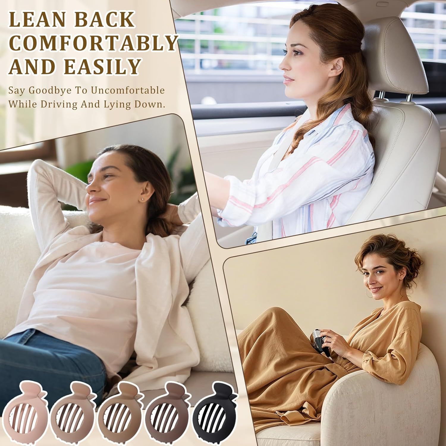 5Pcs lat Claw Hair Clips or Women with Thin & Thick hair, Non-slip Round Jaw Clamp or Lying Down Hollow Hairpin Clips Matte Neutral, S or Thin Hair L:3"*W:2.4"