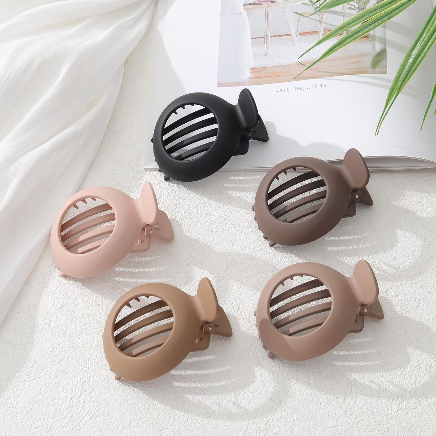 5Pcs lat Claw Hair Clips or Women with Thin & Thick hair, Non-slip Round Jaw Clamp or Lying Down Hollow Hairpin Clips Matte Neutral, S or Thin Hair L:3"*W:2.4"