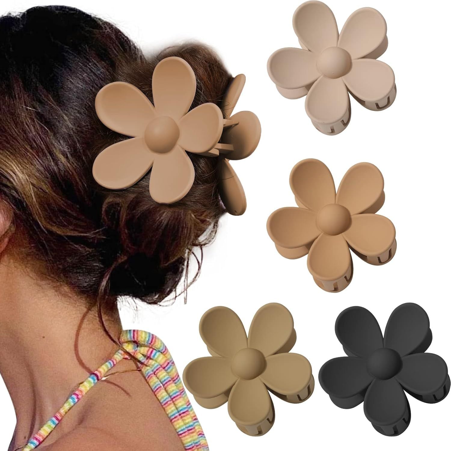 Cute Hair Claw Clips Set - 4Pcs Nonslip Strong Hold 3 Inch Matte Small lower Clips or Women and Girls Beige, Khaki, Brown, Black