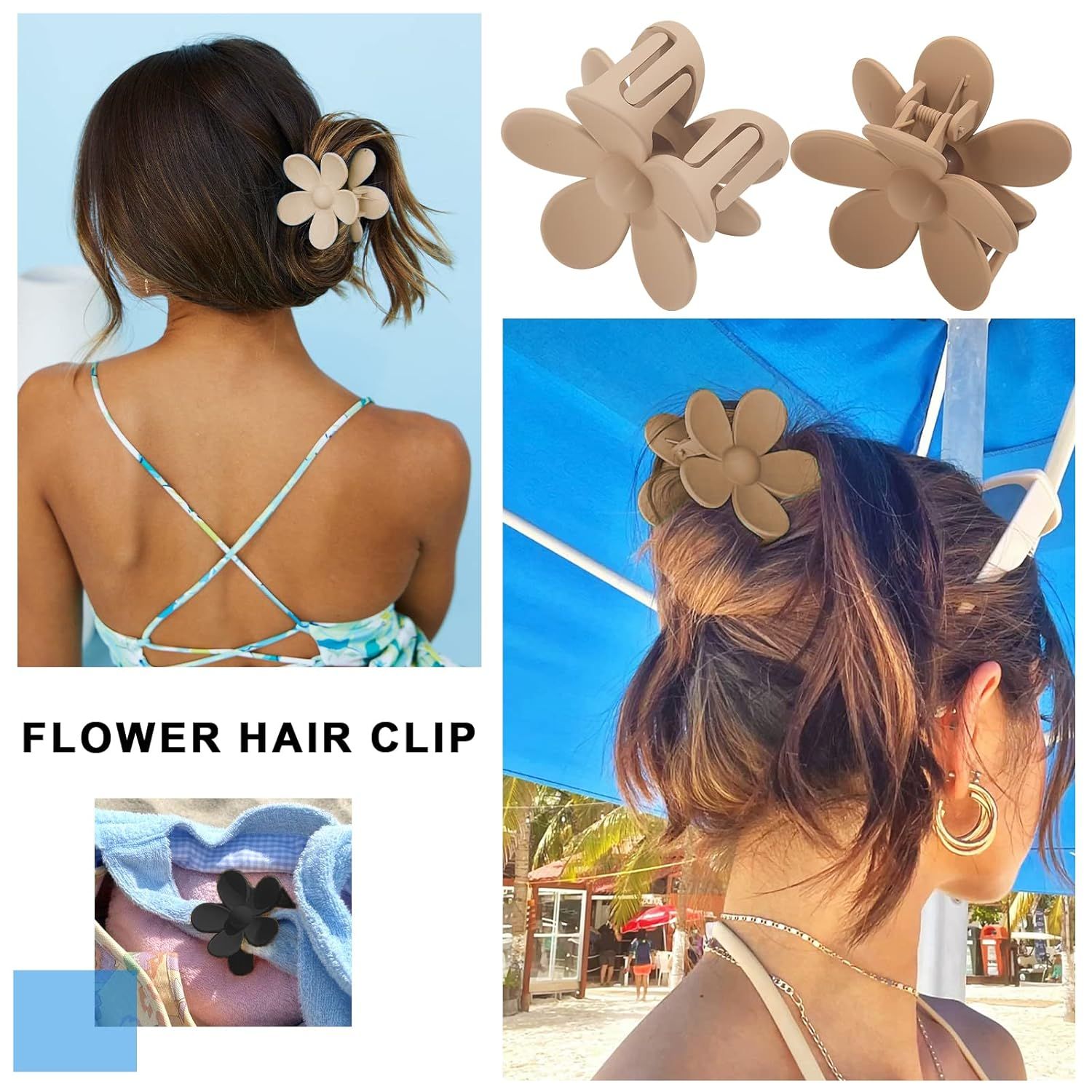 Cute Hair Claw Clips Set - 4Pcs Nonslip Strong Hold 3 Inch Matte Small lower Clips or Women and Girls Beige, Khaki, Brown, Black