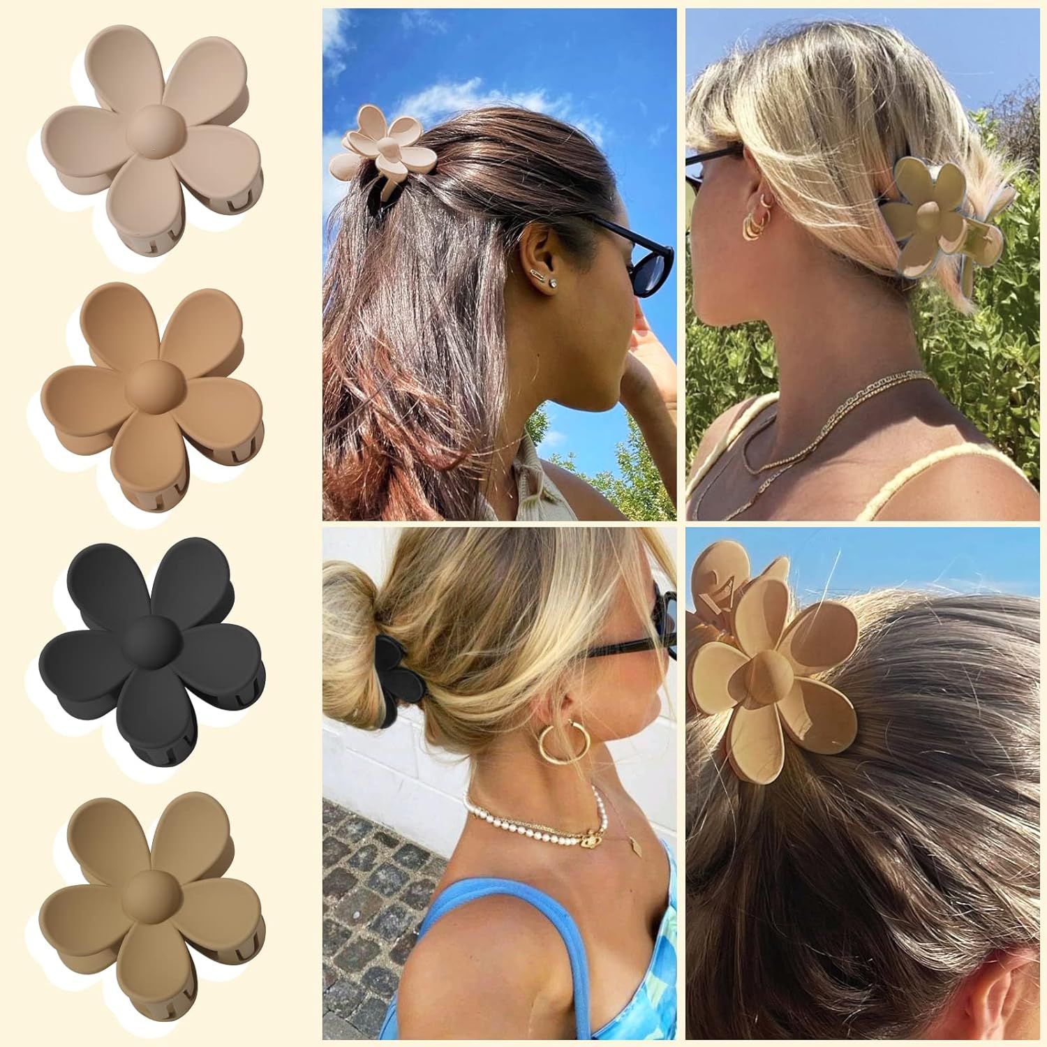Cute Hair Claw Clips Set - 4Pcs Nonslip Strong Hold 3 Inch Matte Small lower Clips or Women and Girls Beige, Khaki, Brown, Black