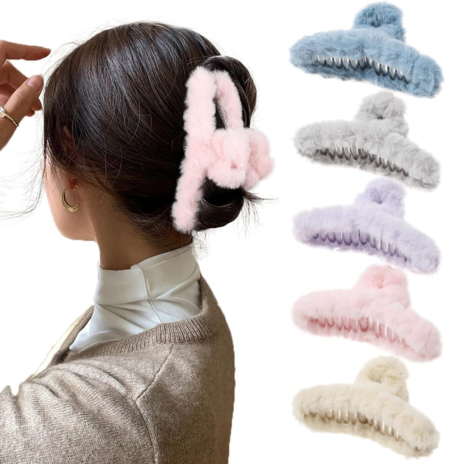 5PCS Large Claw Hair Clips or Thick Hair Big uzzy Hair Clips or Women Nonslip Strong Hold Hair Claw Clip Plush Blue+Grey+Pink+Purple+Beige