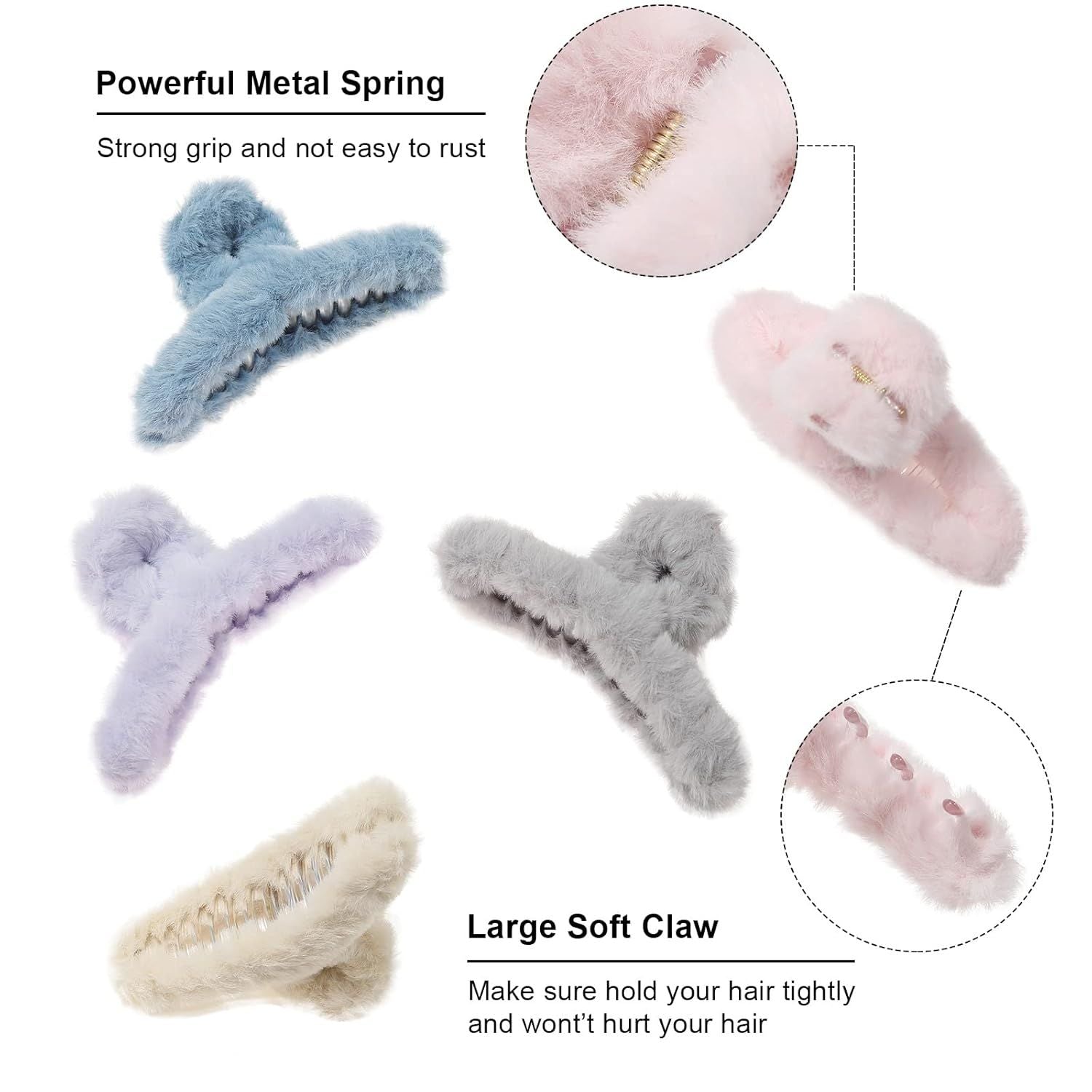 5PCS Large Claw Hair Clips or Thick Hair Big uzzy Hair Clips or Women Nonslip Strong Hold Hair Claw Clip Plush Blue+Grey+Pink+Purple+Beige