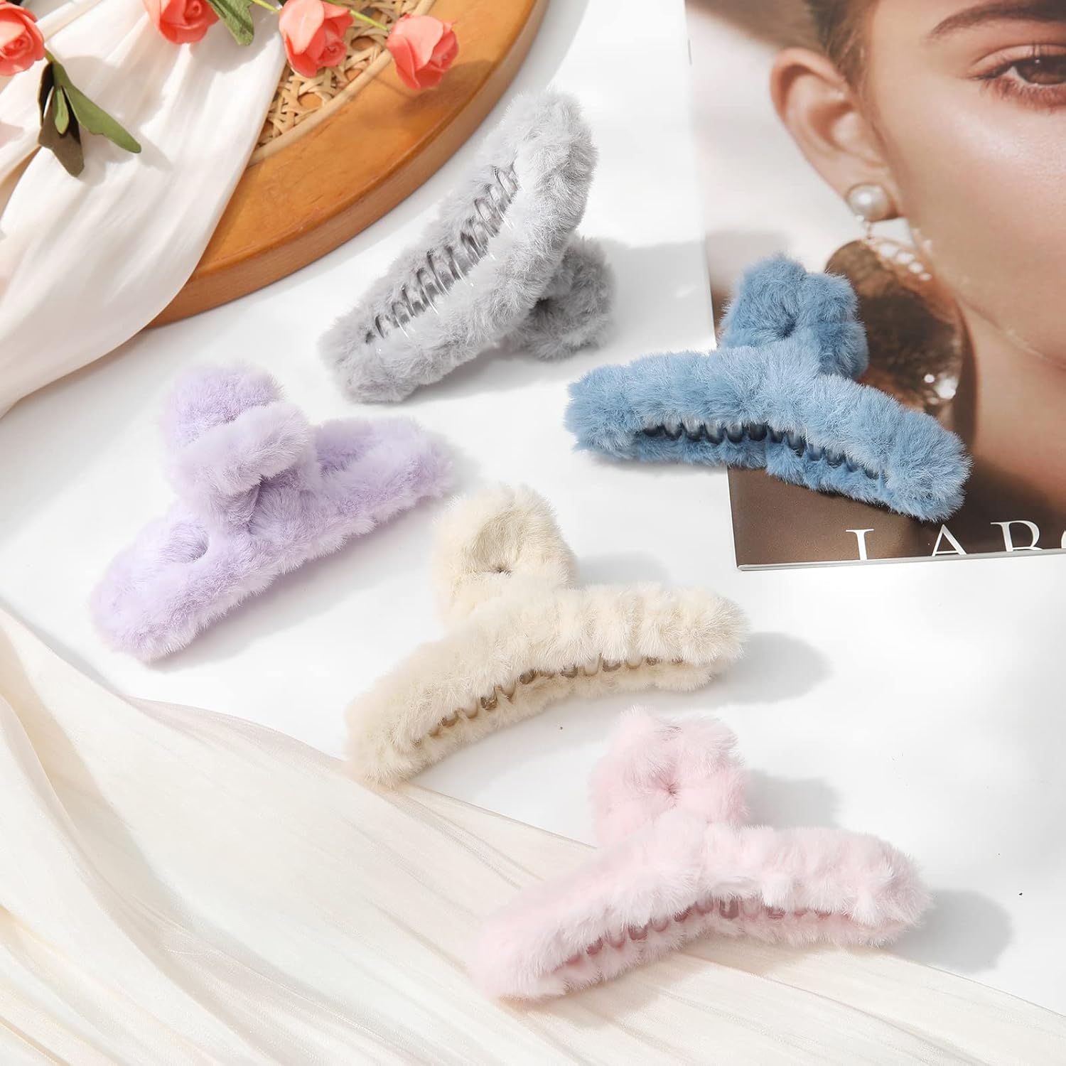 5PCS Large Claw Hair Clips or Thick Hair Big uzzy Hair Clips or Women Nonslip Strong Hold Hair Claw Clip Plush Blue+Grey+Pink+Purple+Beige