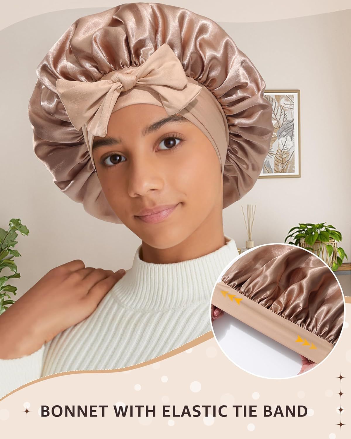 2PCS Satin Bonnets Silk Bonnet or Sleeping Women Curly Hair Bonnet with Tie Band Bonnets Sleep Cap