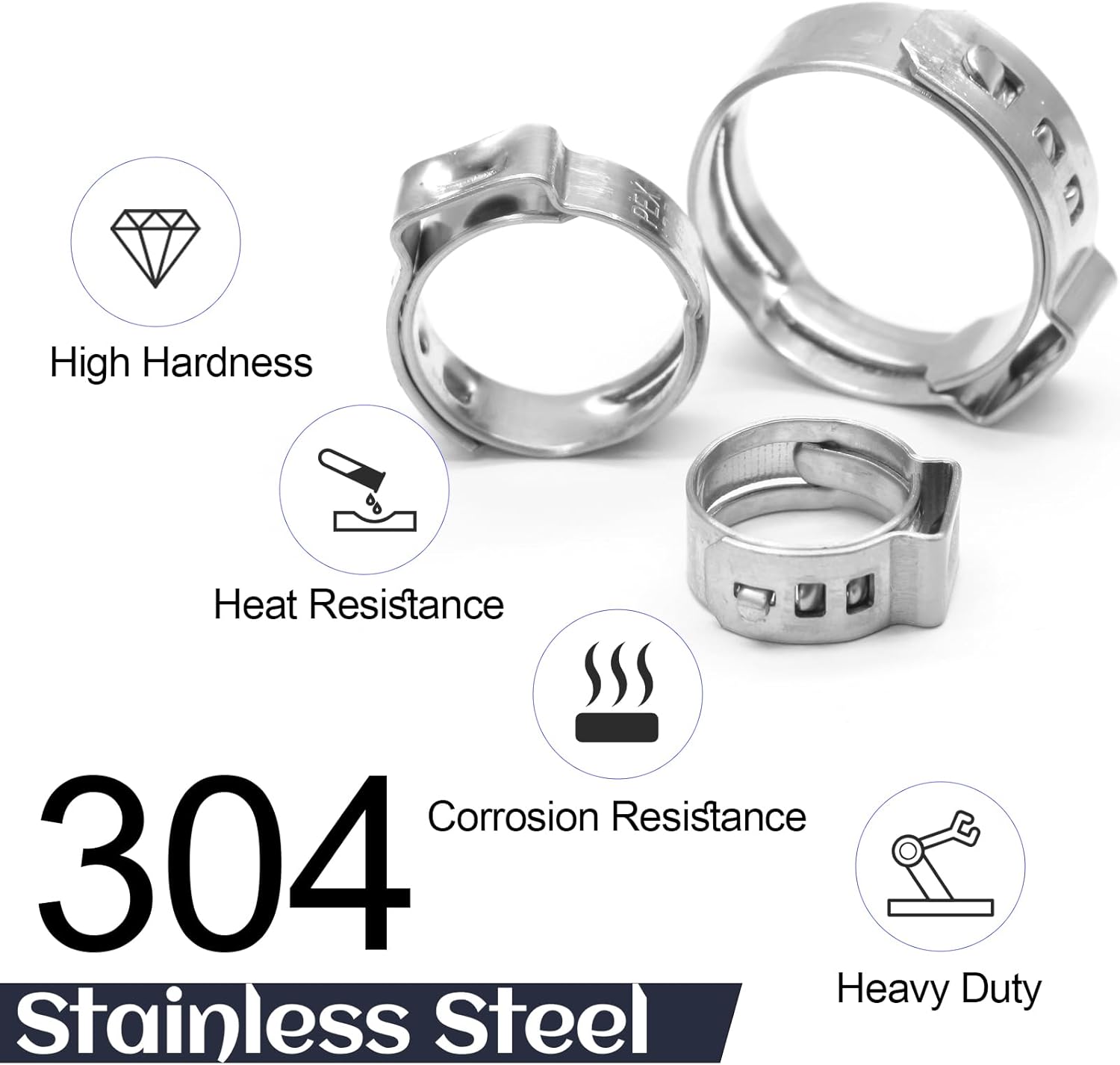 Biaungdo 50 Pcs 3/8 Inch PEX Cinch Clamps Crimp Rings, 304 Stainless Steel PEX Cinch Crimp Rings Pinch Clamps Single Ear Hose Clamp for PEX Tubing Pipe Fittings Connection